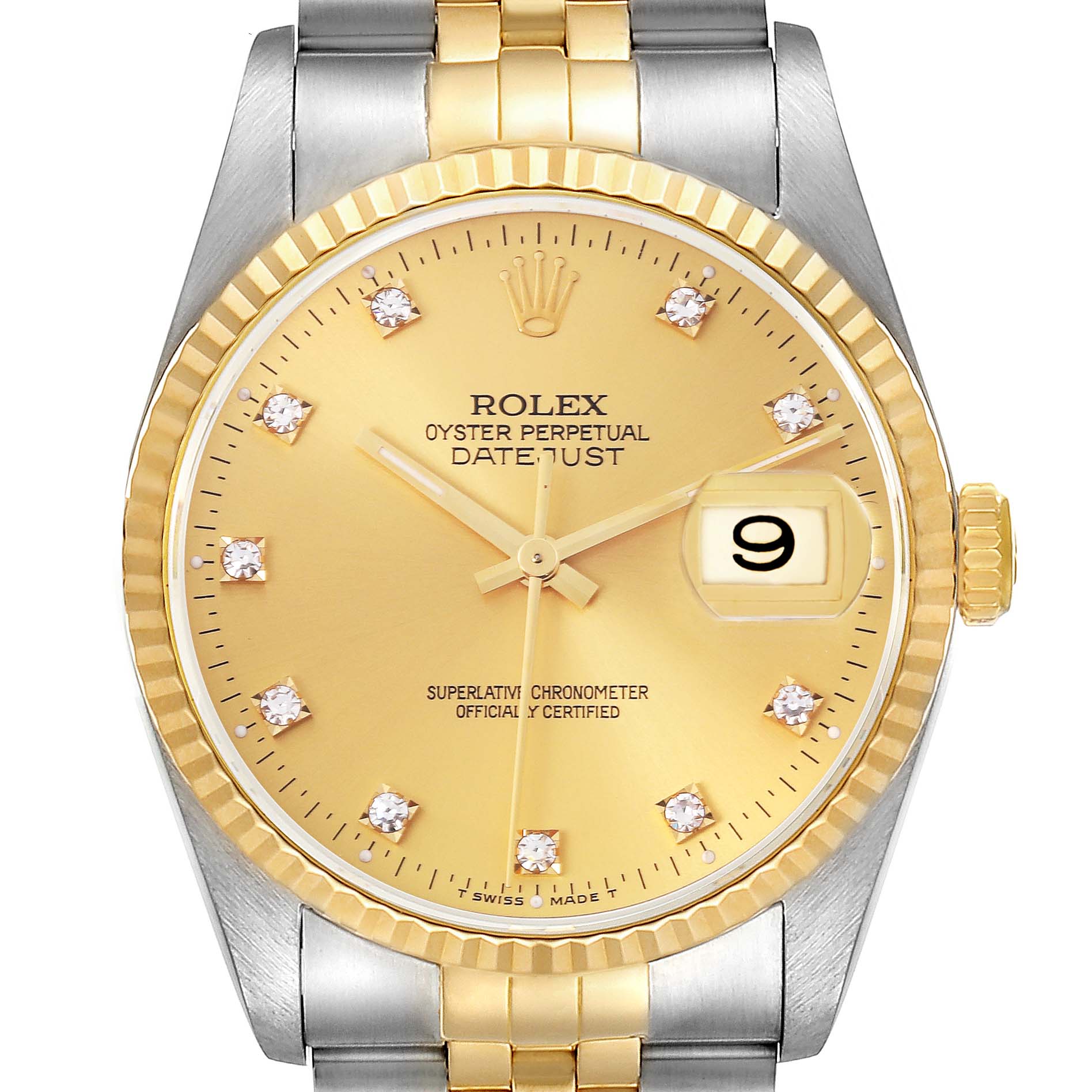 The Rolex Datejust 16233 Men's Steel and Gold (two tone) Champagne Dial 16233 Men's Steel and Gold (two tone) Champagne Dial is shown from the front, displaying the dial, bezel, bracelet, and crown.