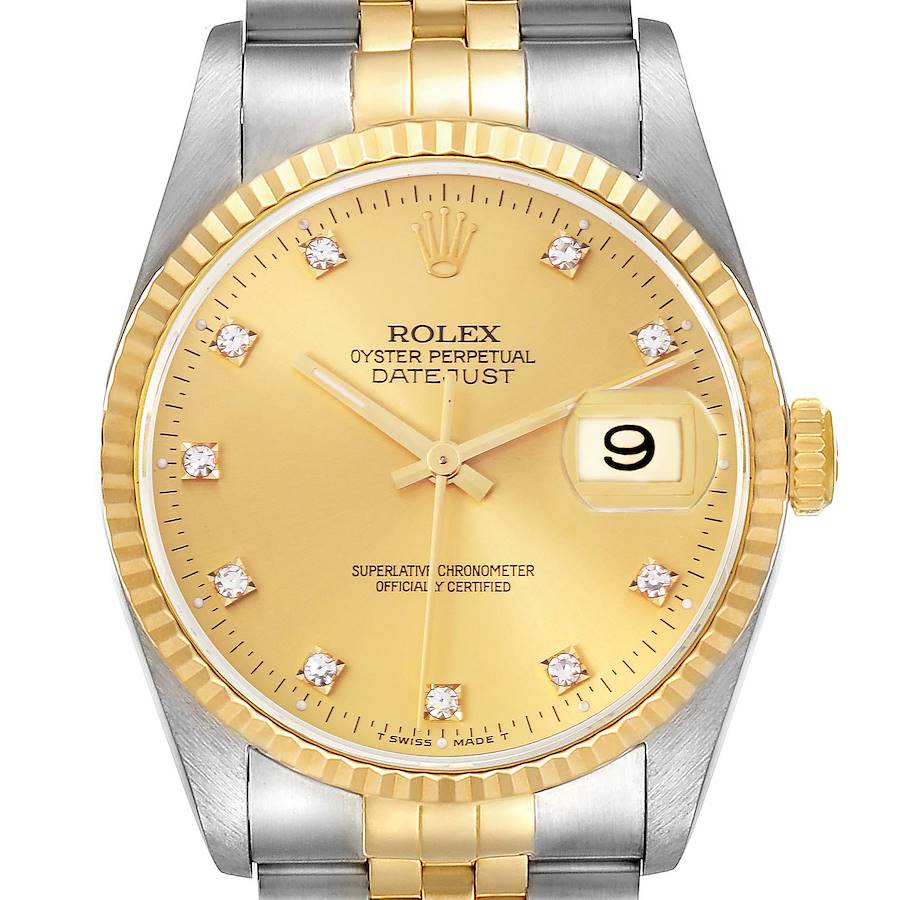 The Rolex Datejust is shown from the front, displaying the dial, bezel, bracelet, and crown.