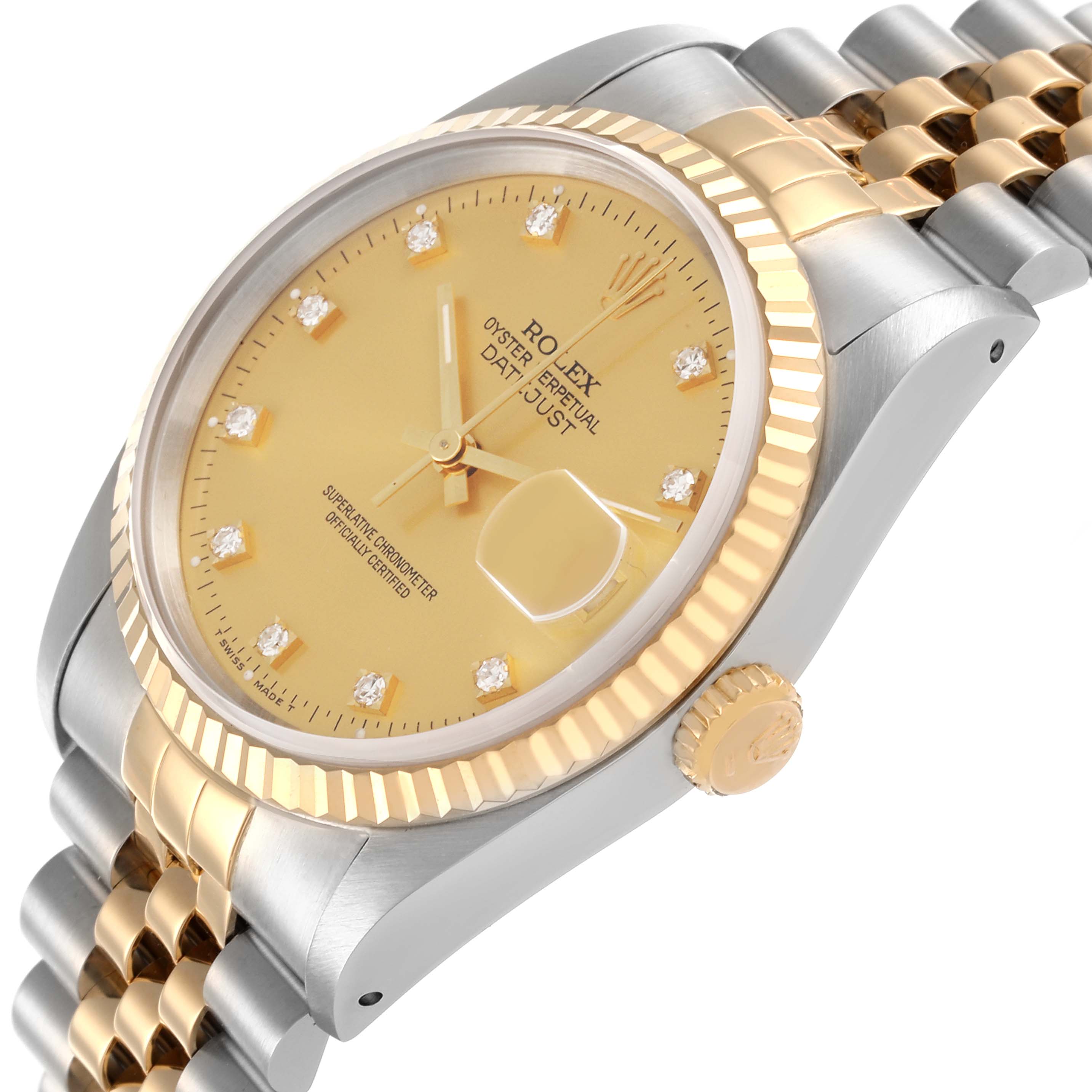 The Rolex Datejust 16233 Men's Steel and Gold (two tone) Champagne Dial 16233 Men's Steel and Gold (two tone) Champagne Dial watch is angled showing its face, bezel, crown, and part of the bracelet.