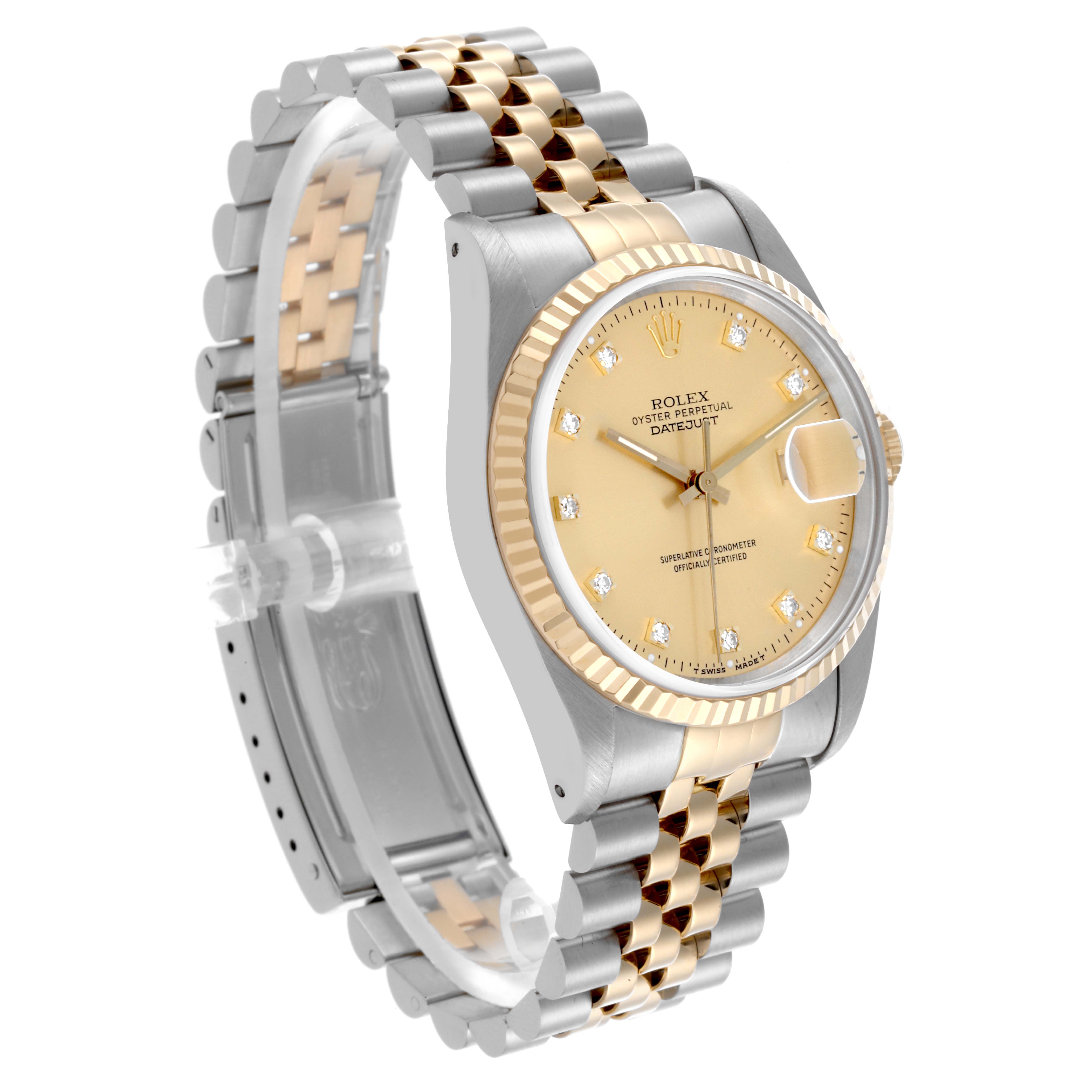 The Rolex Datejust 16233 Men's Steel and Gold (two tone) Champagne Dial 16233 Men's Steel and Gold (two tone) Champagne Dial watch is shown at an angle highlighting the face, bezel, and bracelet.