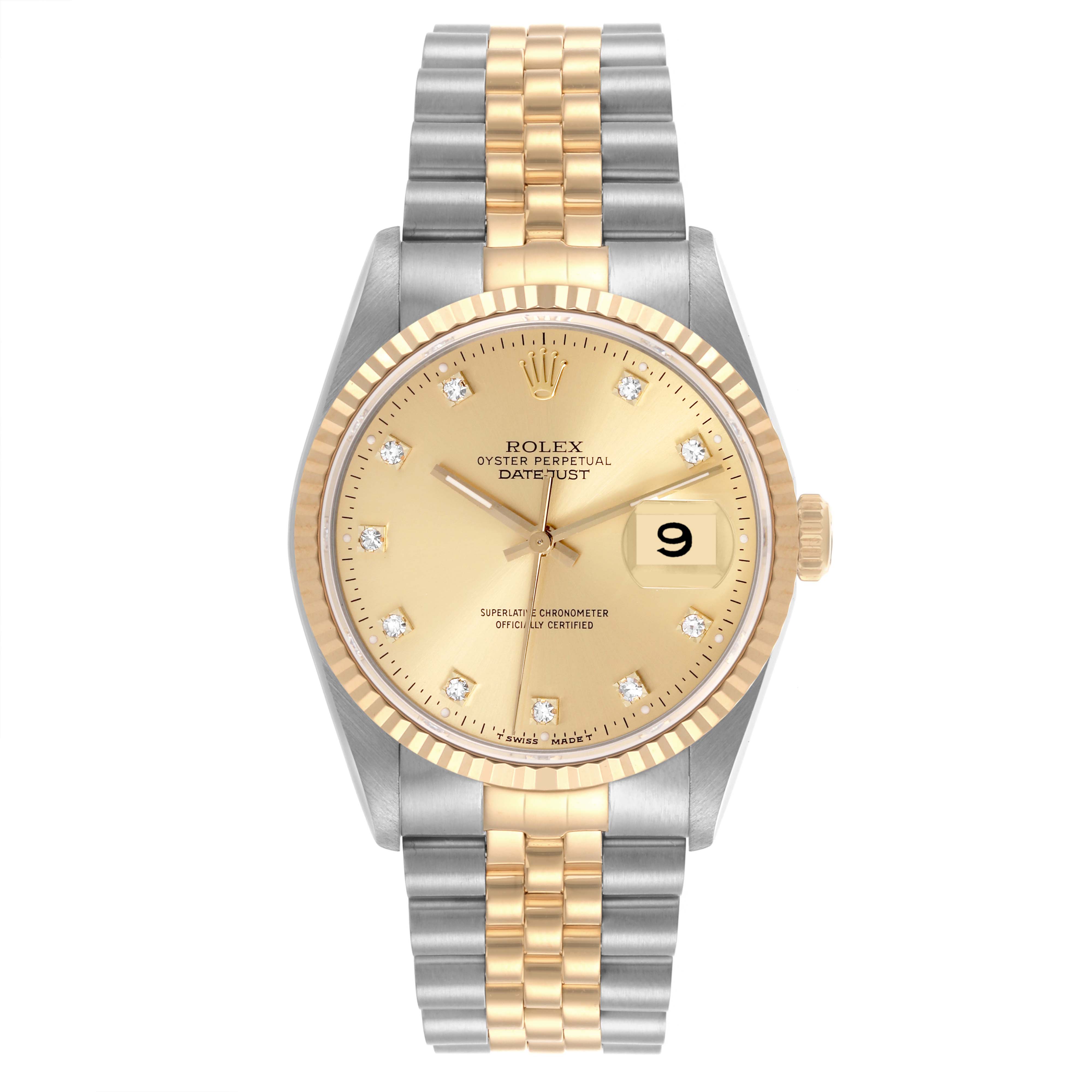 The Rolex Datejust 16233 Men's Steel and Gold (two tone) Champagne Dial 16233 Men's Steel and Gold (two tone) Champagne Dial watch is shown from the front, highlighting the dial, bezel, crown, and two-tone bracelet.