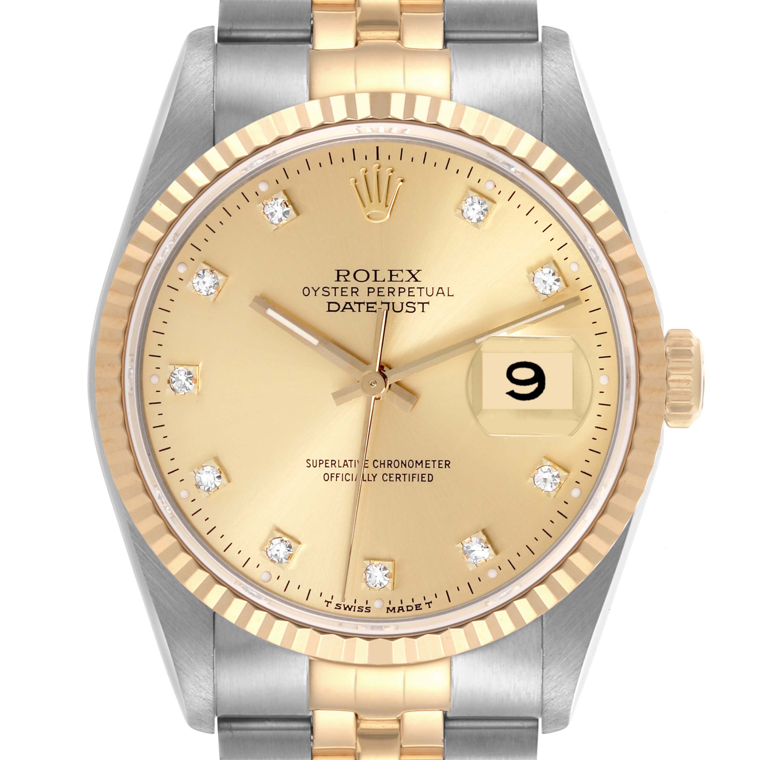 The Rolex Datejust 16233 Men's Steel and Gold (two tone) Champagne Dial 16233 Men's Steel and Gold (two tone) Champagne Dial watch is shown from the front, highlighting the face, bezel, crown, and part of the bracelet.