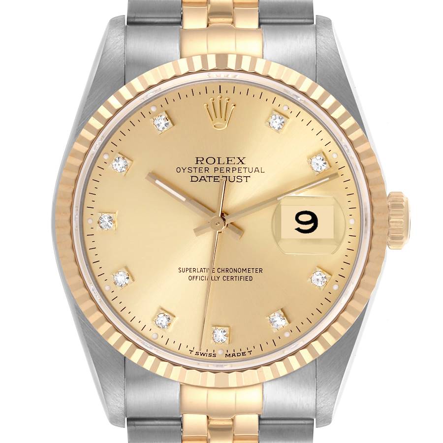 The Rolex Datejust watch is shown from the front, highlighting the face, bezel, crown, and part of the bracelet.