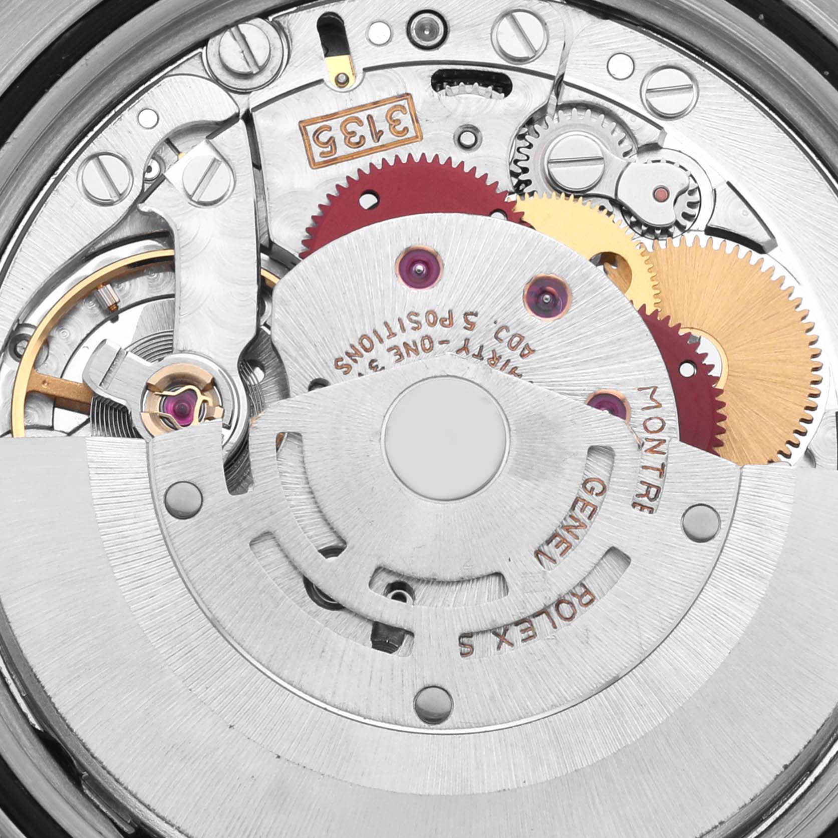 The image shows the internal movement mechanism of a Rolex Datejust 16233 Men's Steel and Gold (two tone) Champagne Dial 16233 Men's Steel and Gold (two tone) Champagne Dial watch, including gears and rotor.