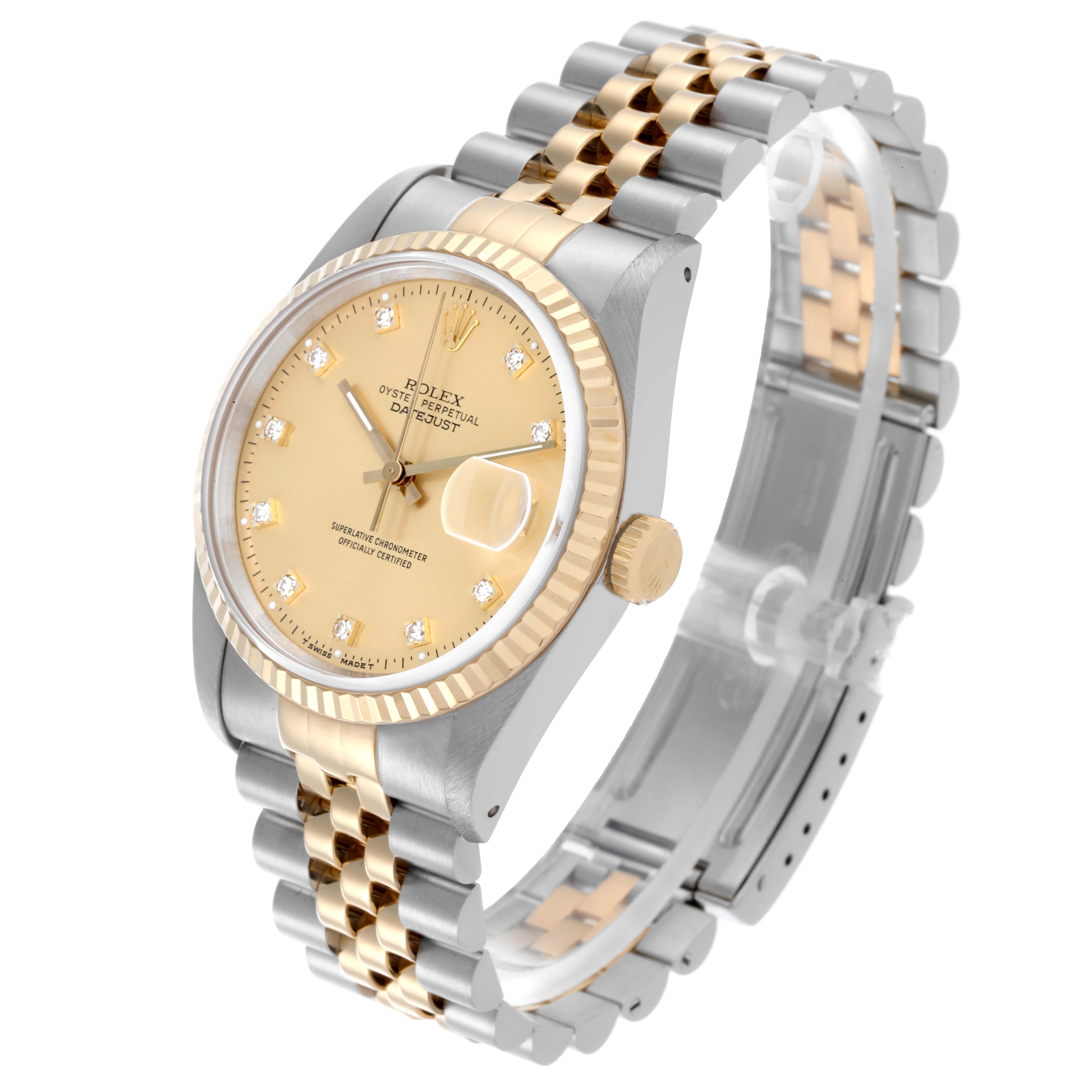 The Rolex Datejust 16233 Men's Steel and Gold (two tone) Champagne Dial 16233 Men's Steel and Gold (two tone) Champagne Dial watch is shown at a three-quarter angle, highlighting the bracelet, dial, and crown.