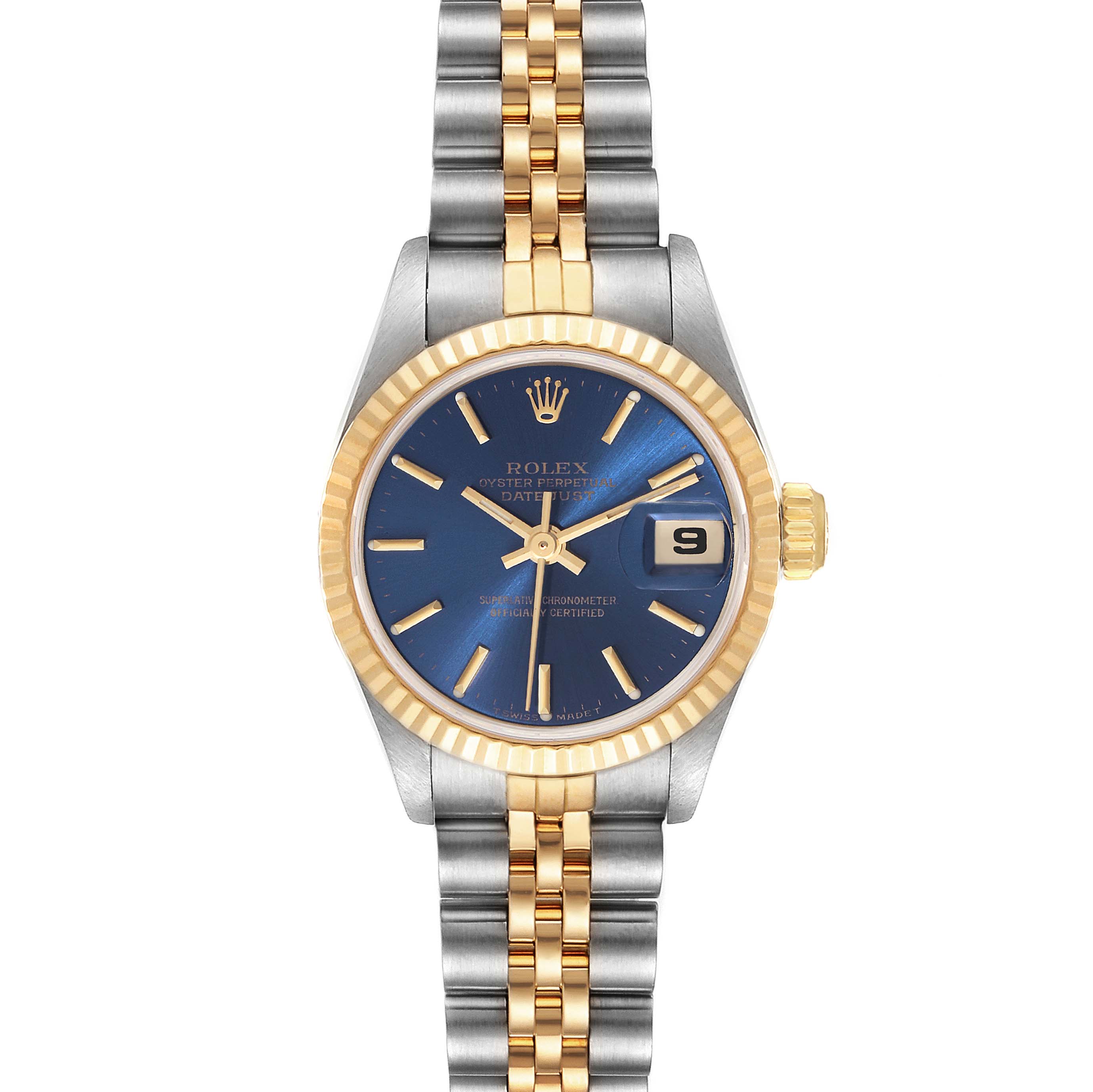 The image shows a Rolex Datejust 69173 Women's Steel and Gold (two tone) Blue Dial 69173 Women's Steel and Gold (two tone) Blue Dial watch from a front angle, featuring a blue dial, gold fluted bezel, and a two-tone bracelet.