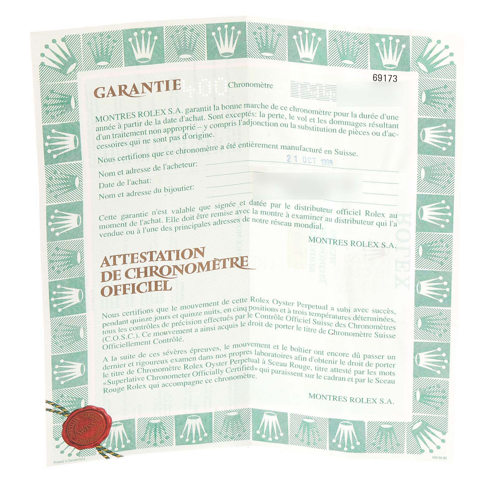 The image shows a warranty certificate for the Rolex Datejust 69173 Women's Steel and Gold (two tone) Blue Dial 69173 Women's Steel and Gold (two tone) Blue Dial watch, including the brand's official seals and text in French.