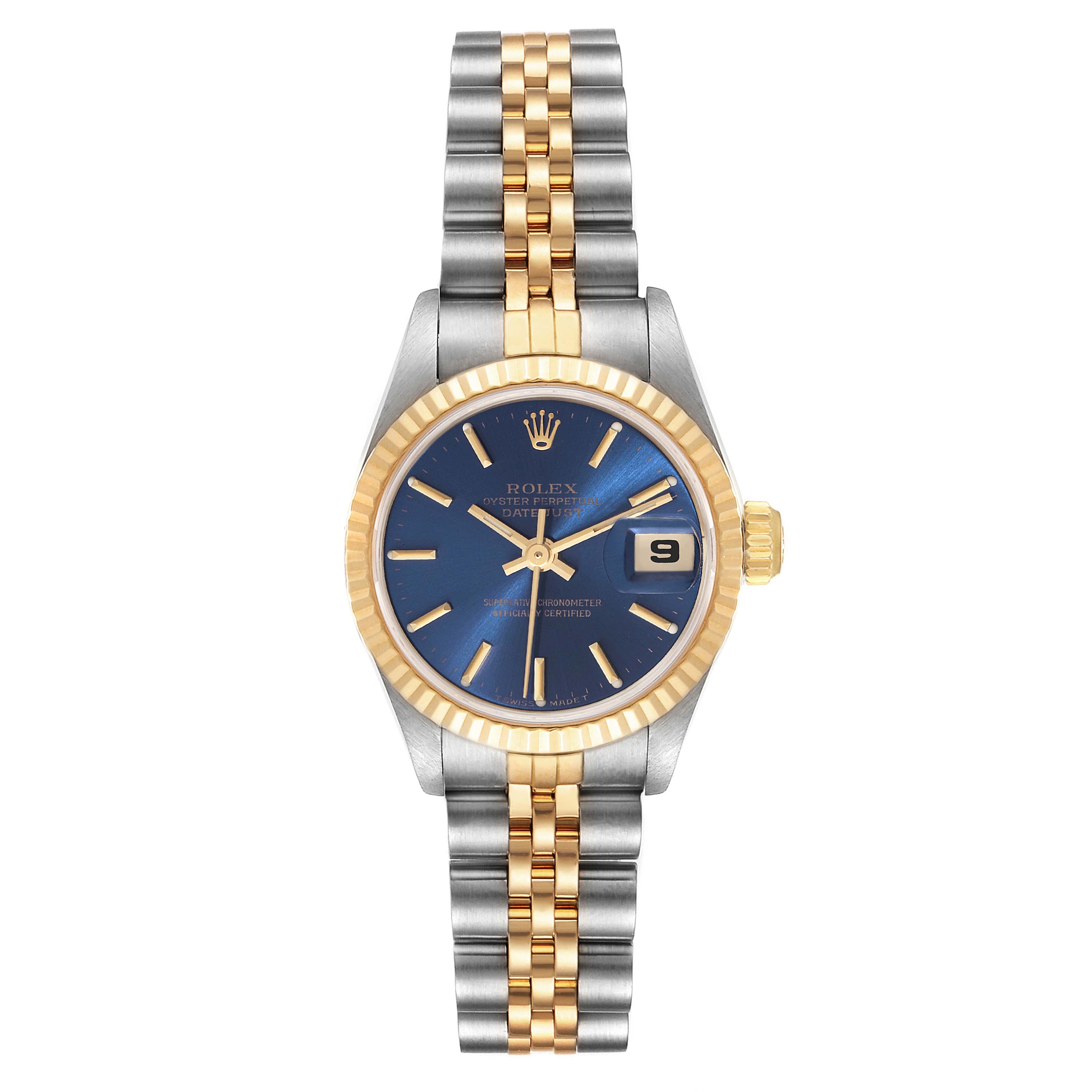 This image shows a front view of a Rolex Datejust 69173 Women's Steel and Gold (two tone) Blue Dial 69173 Women's Steel and Gold (two tone) Blue Dial watch with a blue dial, date window, and two-tone bracelet.