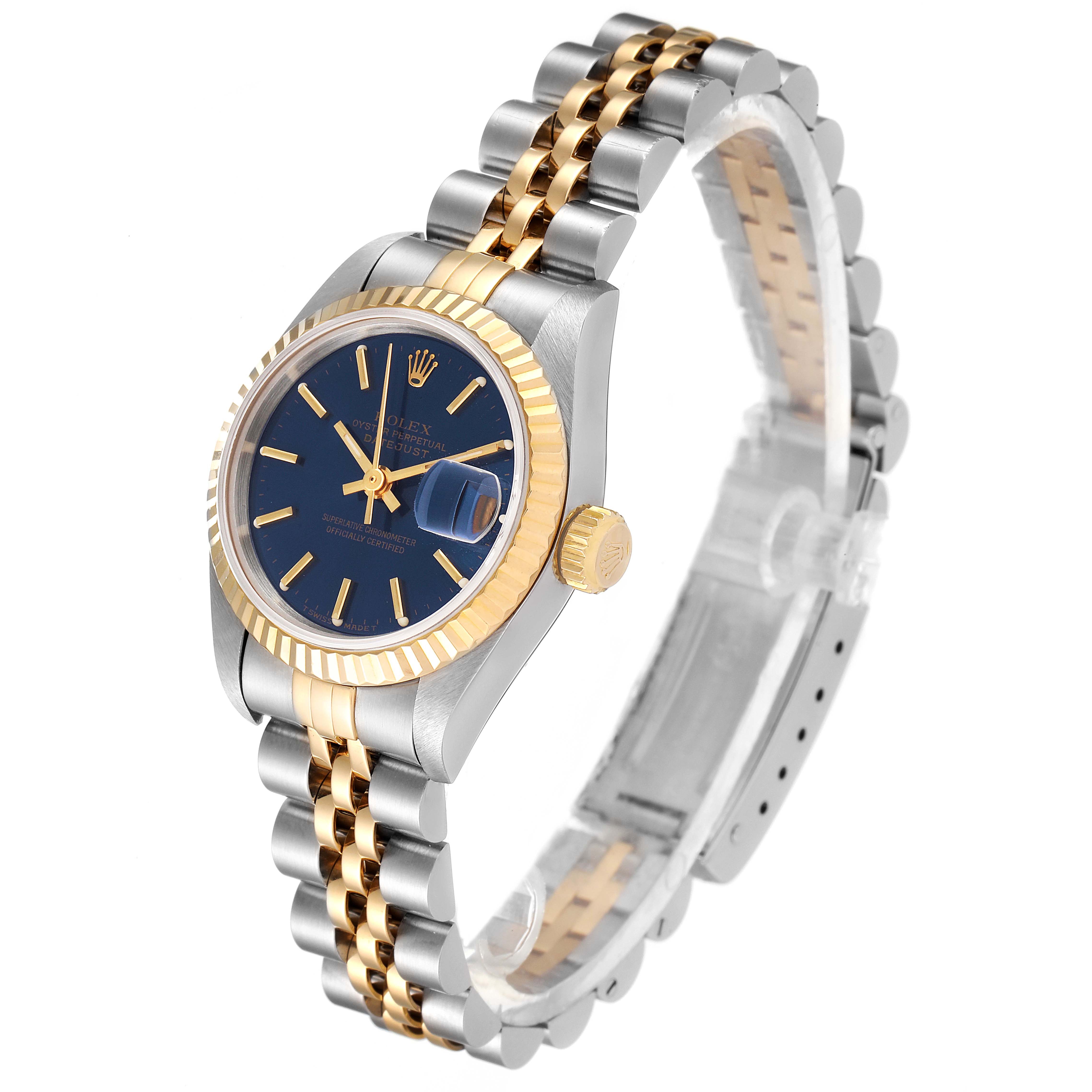 The Rolex Datejust 69173 Women's Steel and Gold (two tone) Blue Dial 69173 Women's Steel and Gold (two tone) Blue Dial watch is shown at an angle displaying the face, bezel, crown, and two-tone bracelet.
