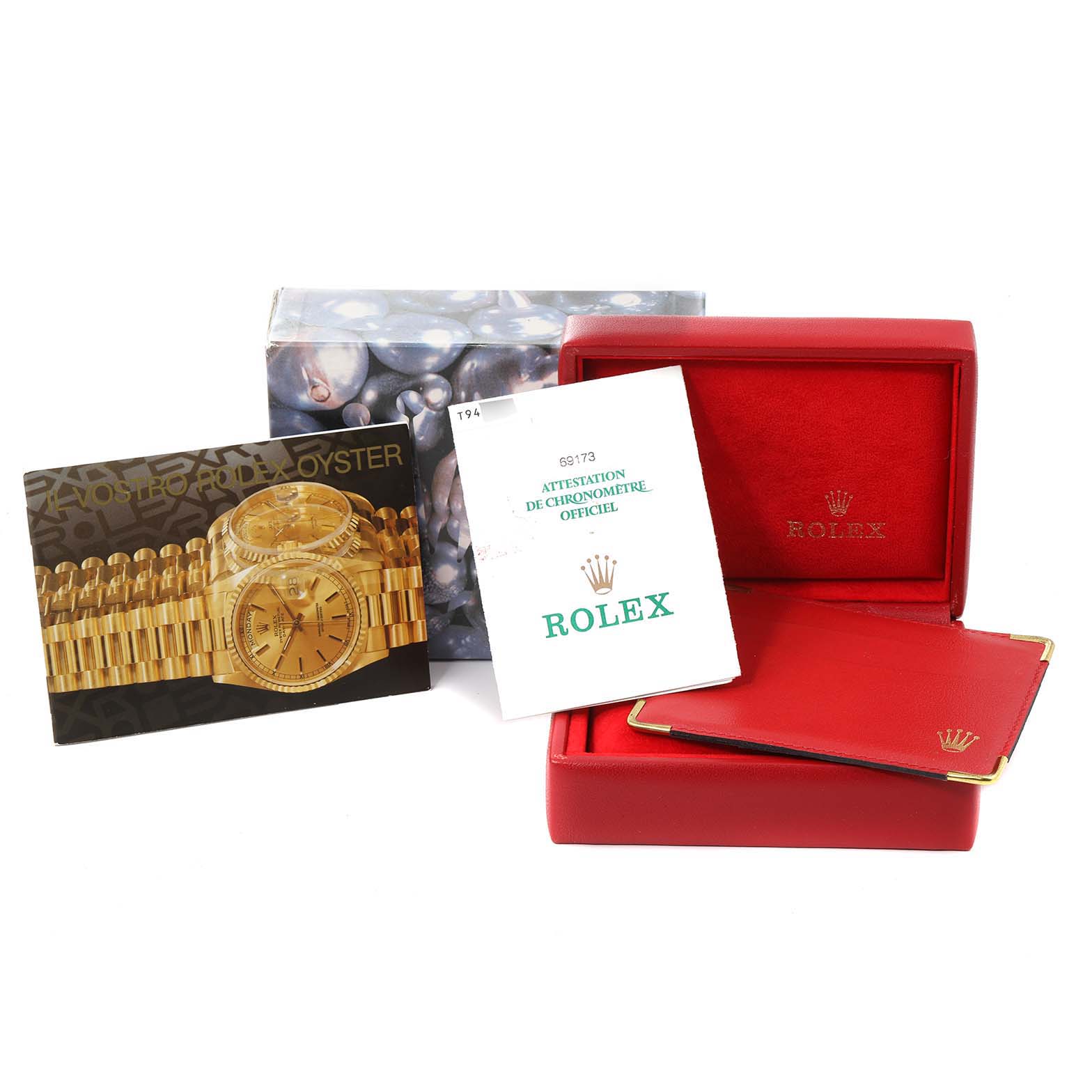 The image shows the packaging, manuals, and warranty card for the Rolex Datejust 69173 Women's Steel and Gold (two tone) Blue Dial 69173 Women's Steel and Gold (two tone) Blue Dial model. No watch is shown.