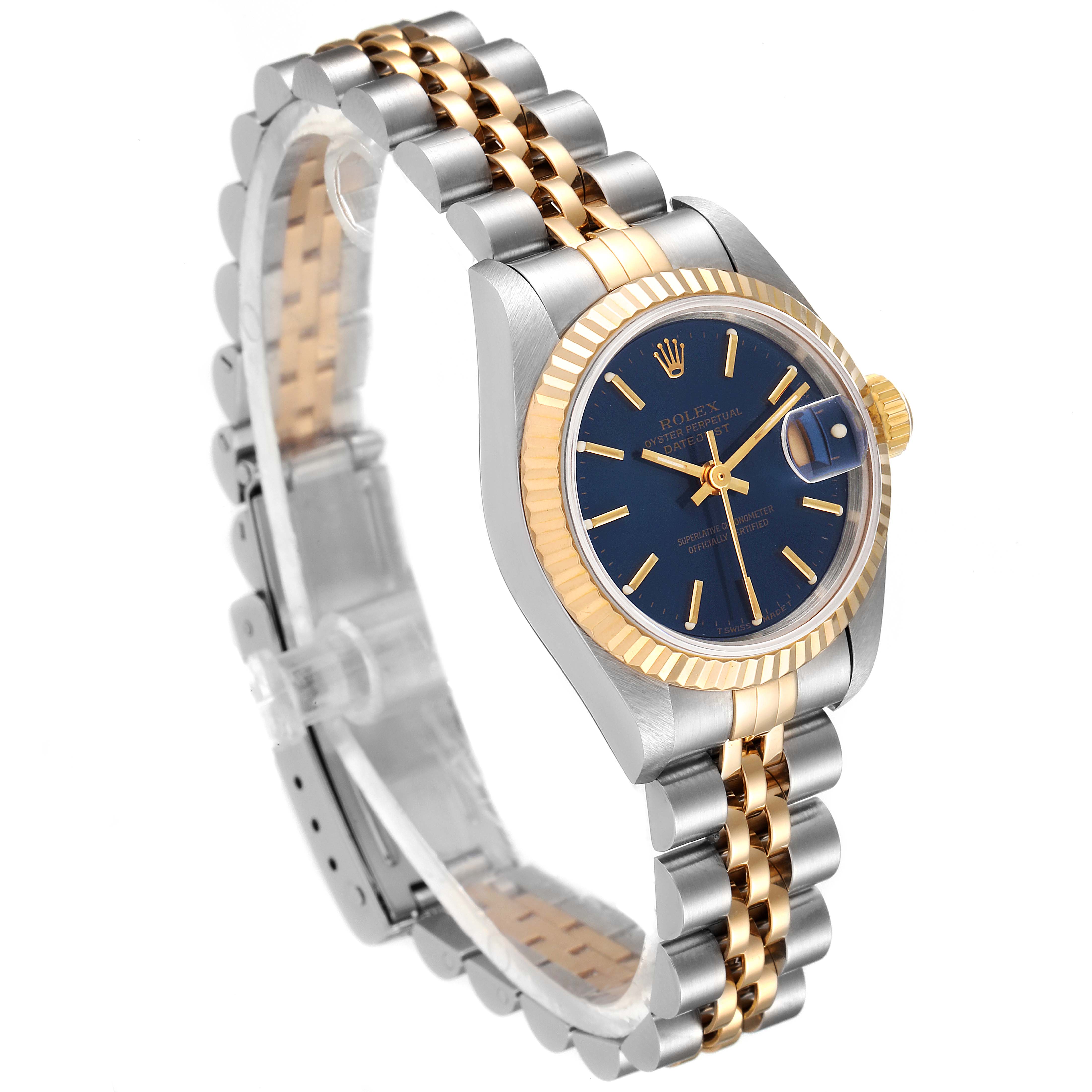 The image shows a Rolex Datejust 69173 Women's Steel and Gold (two tone) Blue Dial 69173 Women's Steel and Gold (two tone) Blue Dial watch angled to display the face, bezel, and Jubilee bracelet.