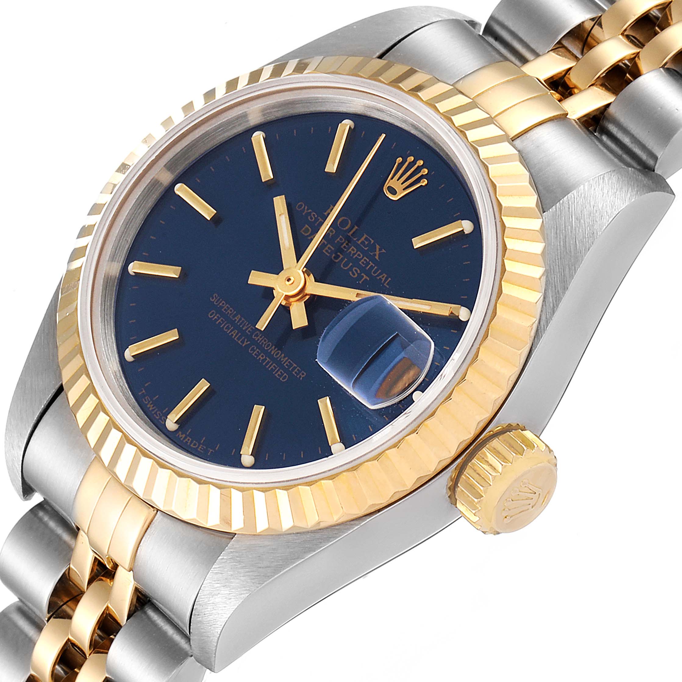 The Rolex Datejust 69173 Women's Steel and Gold (two tone) Blue Dial 69173 Women's Steel and Gold (two tone) Blue Dial watch is shown at an angled view, highlighting its face, bezel, crown, and a portion of the bracelet.