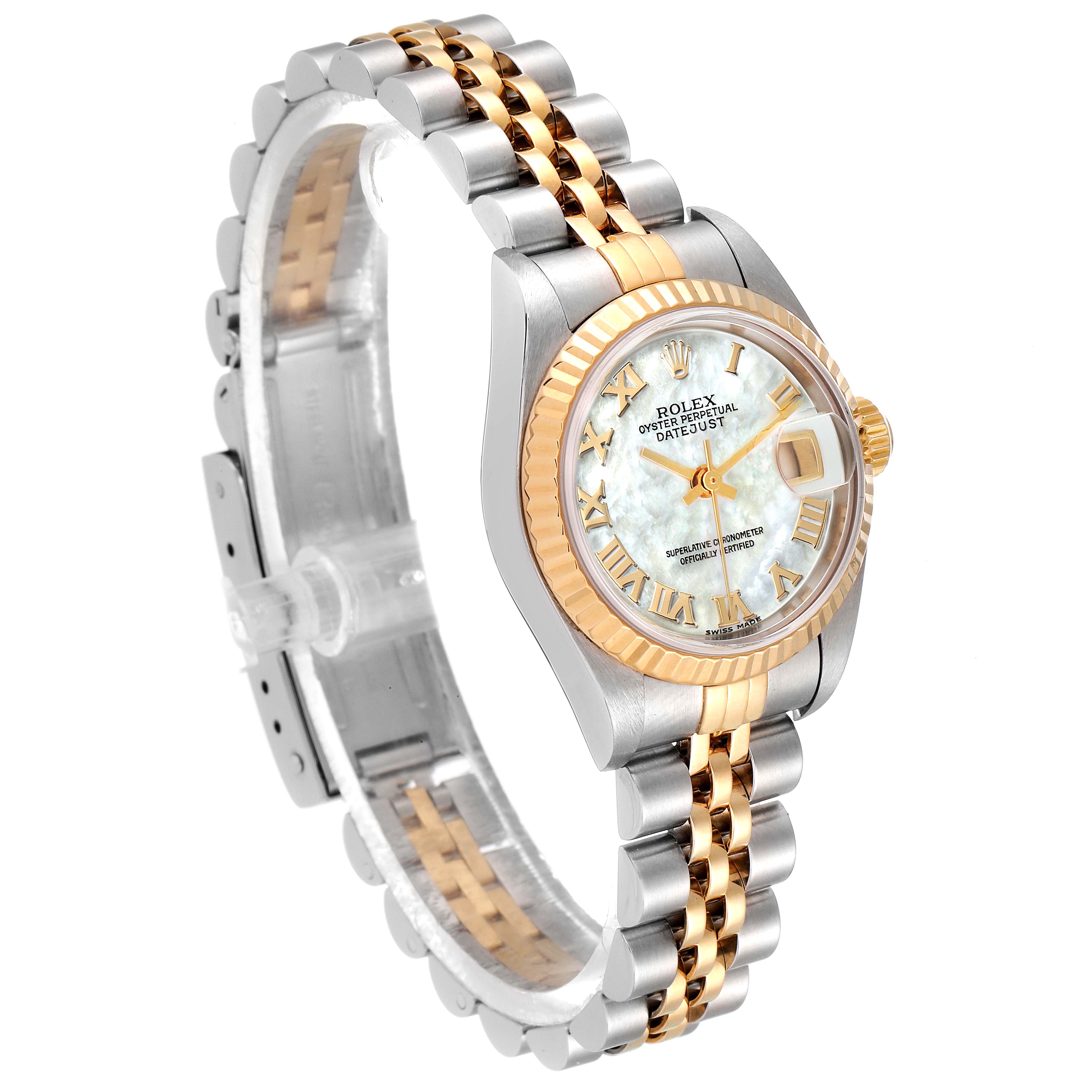 This Rolex Datejust 79173 Women's Steel and Gold (two tone) Mother of Pearl Dial 79173 Women's Steel and Gold (two tone) Mother of Pearl Dial watch is shown at a slight angle, highlighting the face, bezel, and part of the bracelet.