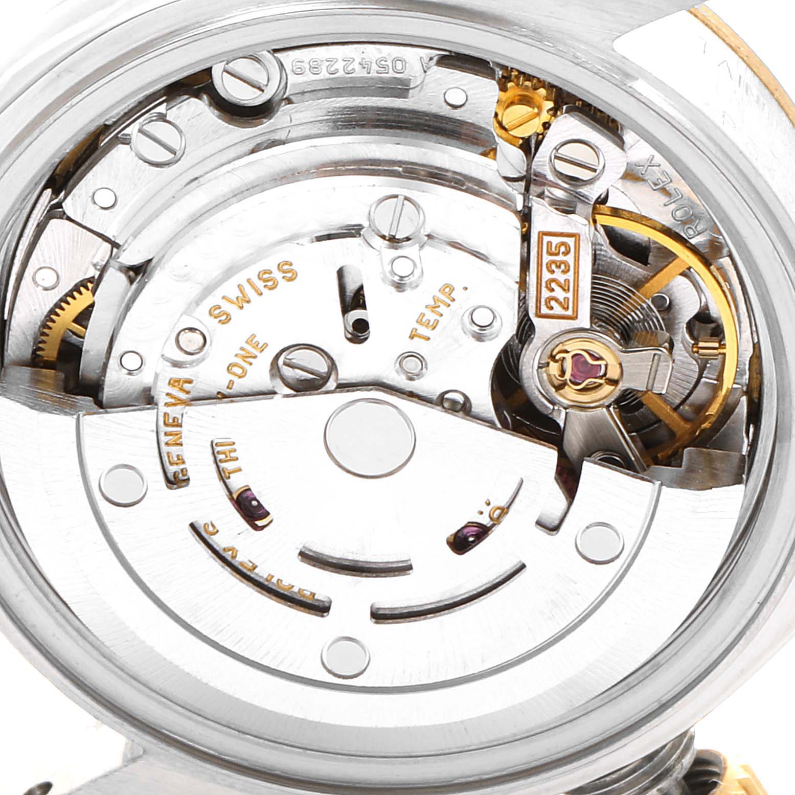 This is a close-up view of the inner mechanical movement of a Rolex Datejust 79173 Women's Steel and Gold (two tone) Mother of Pearl Dial 79173 Women's Steel and Gold (two tone) Mother of Pearl Dial watch.