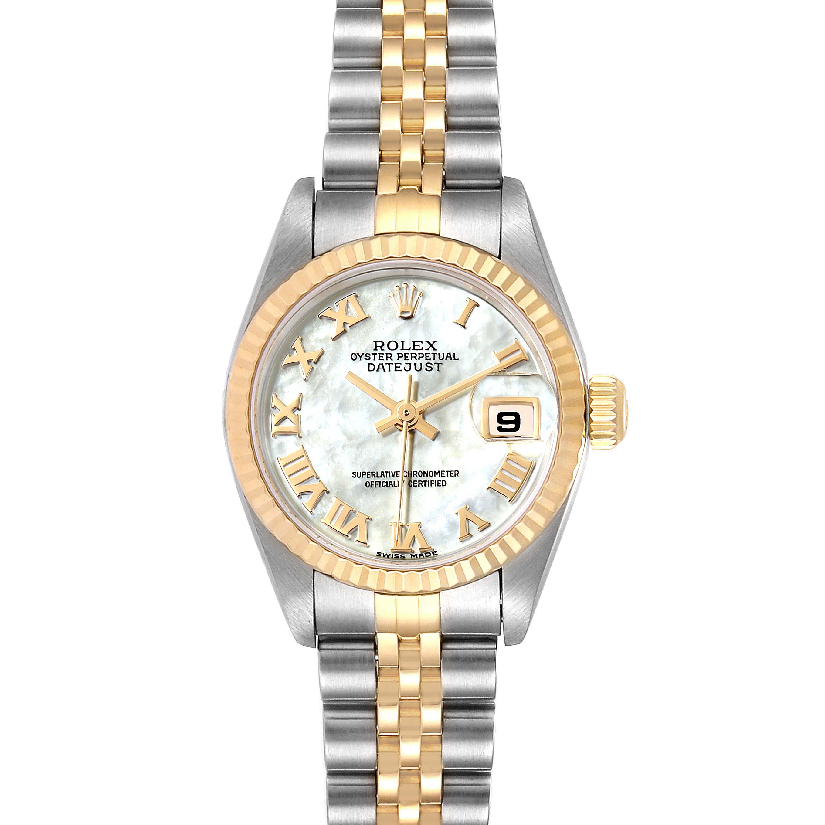 This image shows a front view of the Rolex Datejust 79173 Women's Steel and Gold (two tone) Mother of Pearl Dial 79173 Women's Steel and Gold (two tone) Mother of Pearl Dial watch with a two-tone bracelet and a fluted bezel.