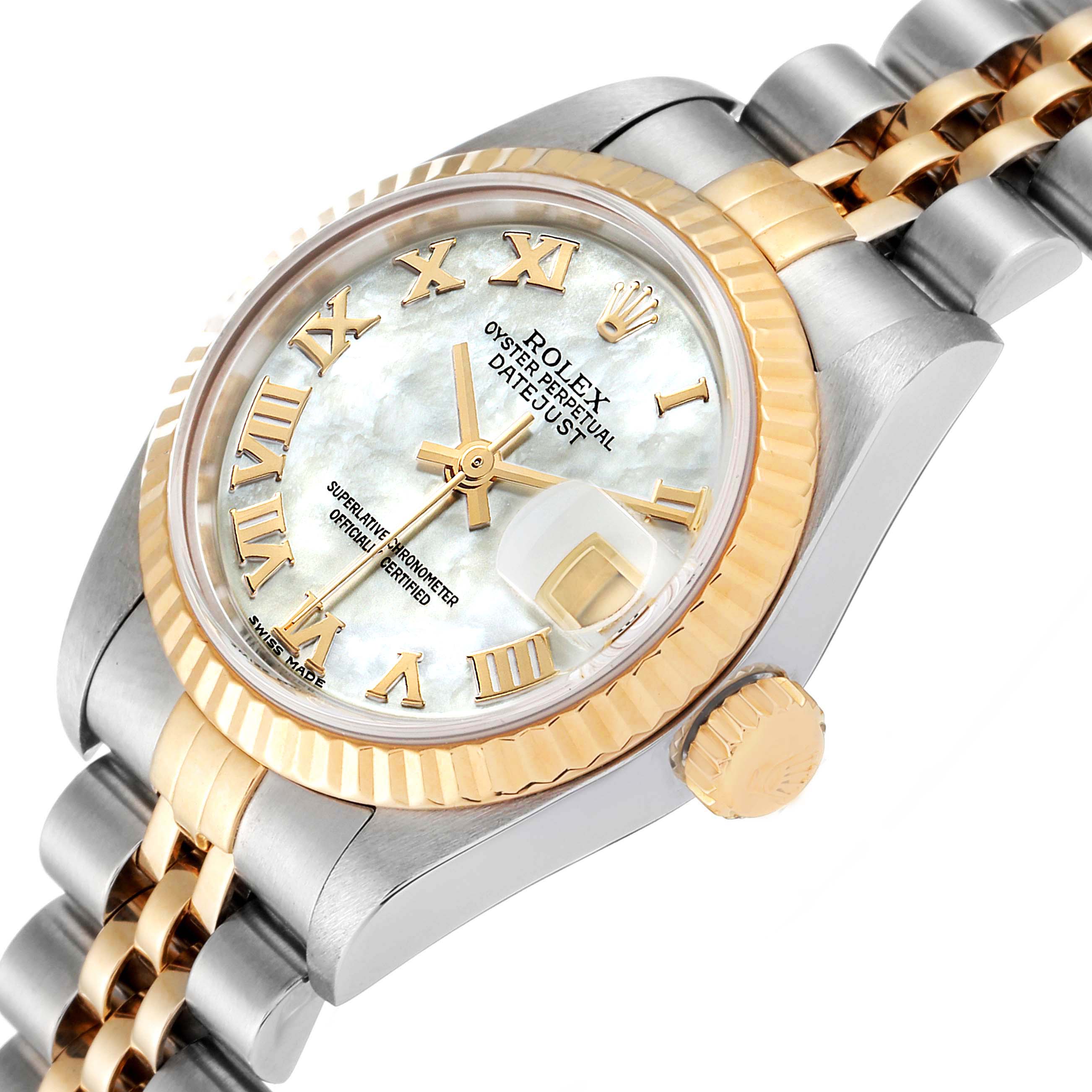 This image shows a close-up angled view of a Rolex Datejust 79173 Women's Steel and Gold (two tone) Mother of Pearl Dial 79173 Women's Steel and Gold (two tone) Mother of Pearl Dial watch featuring a gold bezel and two-tone bracelet.