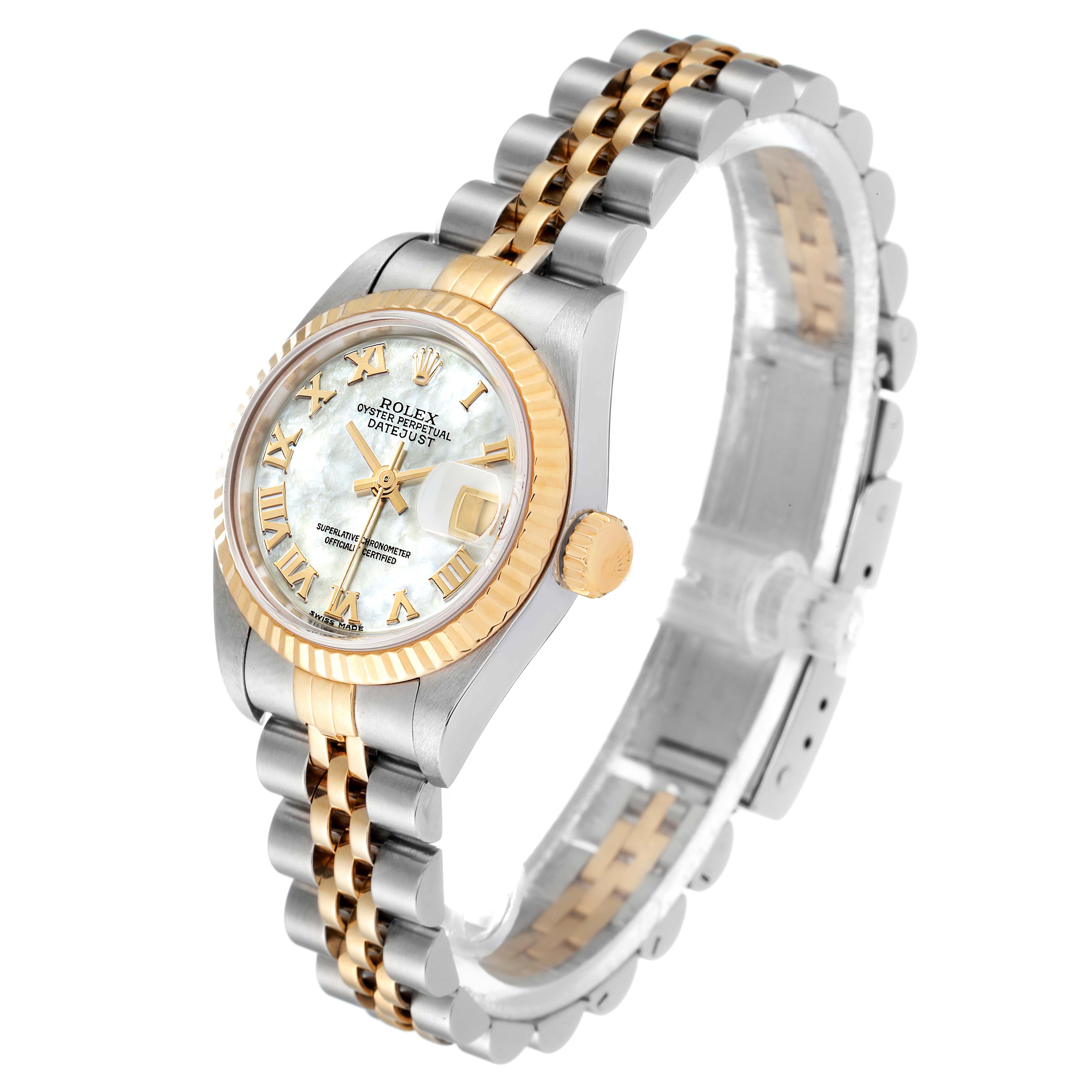 The image shows a Rolex Datejust 79173 Women's Steel and Gold (two tone) Mother of Pearl Dial 79173 Women's Steel and Gold (two tone) Mother of Pearl Dial watch at an angle highlighting its face, bezel, crown, and the jubilee bracelet.