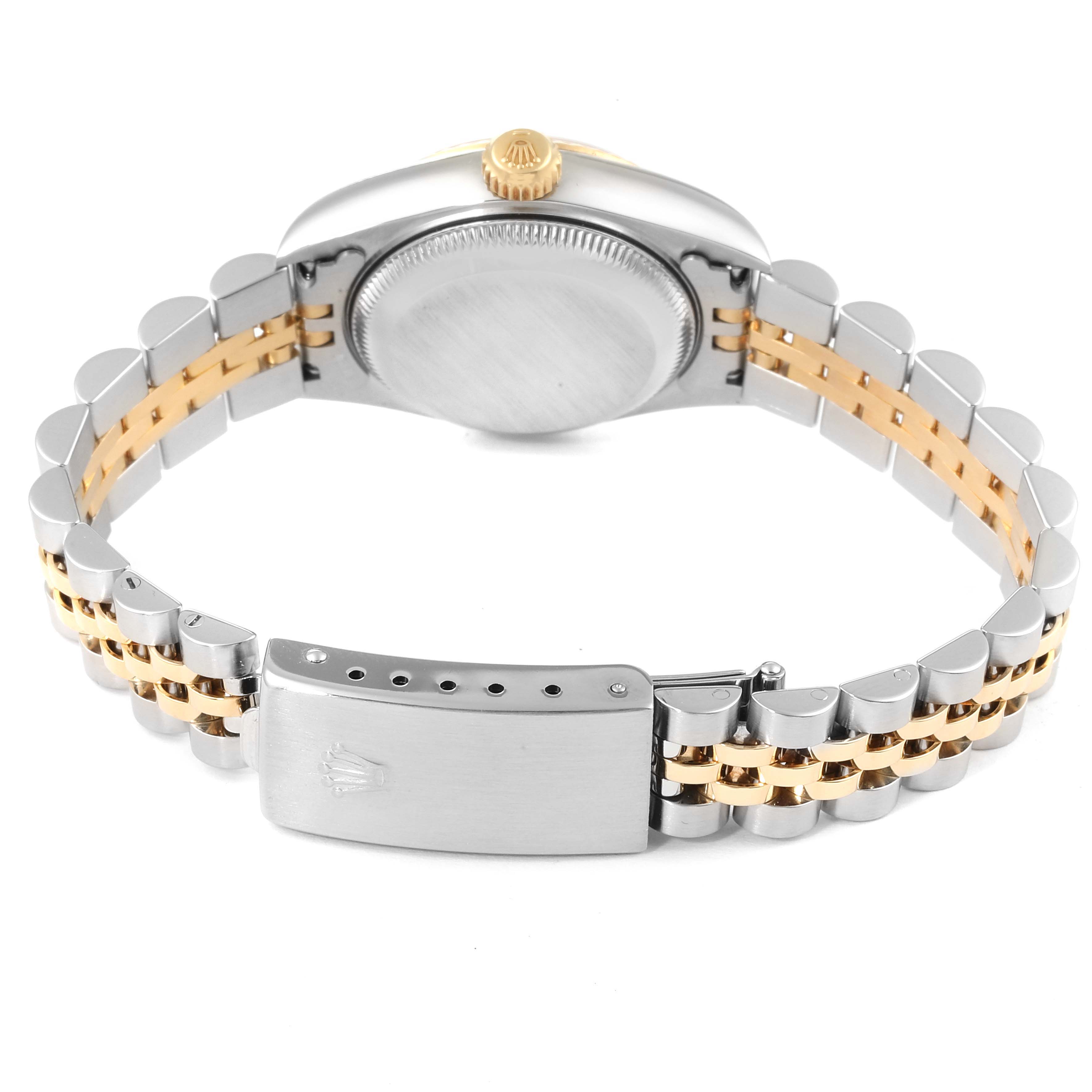 The Rolex Datejust 79173 Women's Steel and Gold (two tone) Mother of Pearl Dial 79173 Women's Steel and Gold (two tone) Mother of Pearl Dial watch is shown from the back, displaying the case back, crown, jubilee bracelet, and clasp.