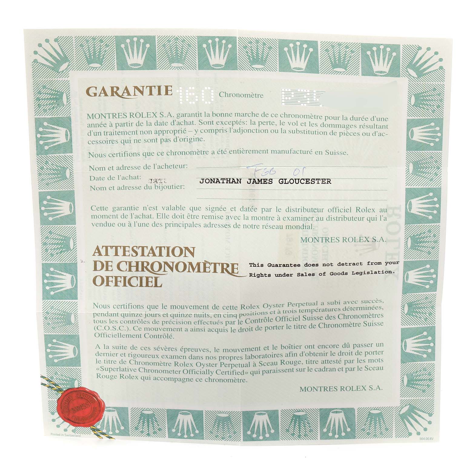 The image shows a guarantee card and official chronometer certification for a Rolex Datejust 79173 Women's Steel and Gold (two tone) Mother of Pearl Dial 79173 Women's Steel and Gold (two tone) Mother of Pearl Dial watch.