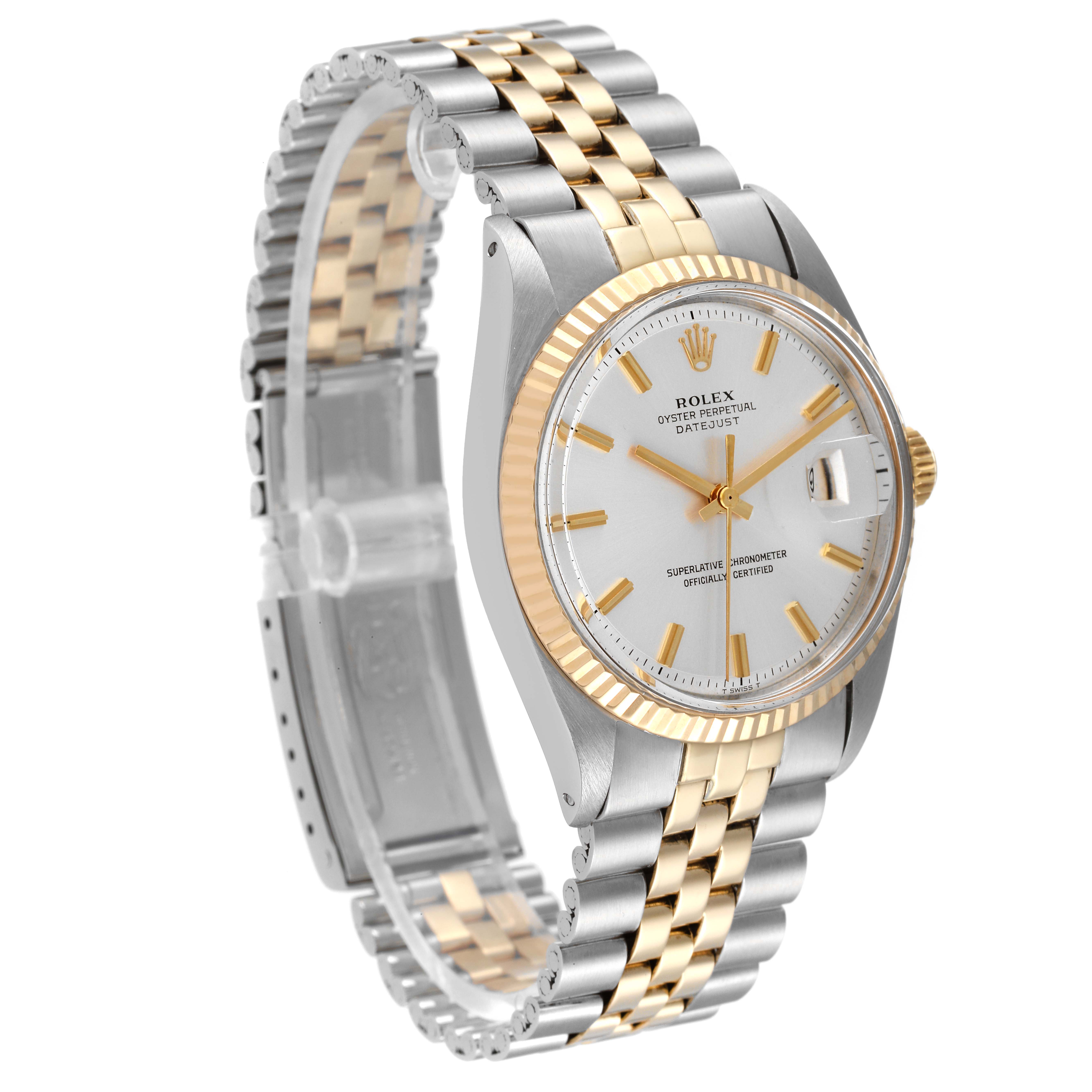 The Rolex Vintage Collection 1601 Men
s Steel and Gold (two tone) Silver Dial 1601 Men
s Steel and Gold (two tone) Silver Dial watch is shown at a three-quarter angle, highlighting its face, bezel, and two-tone metallic bracelet.