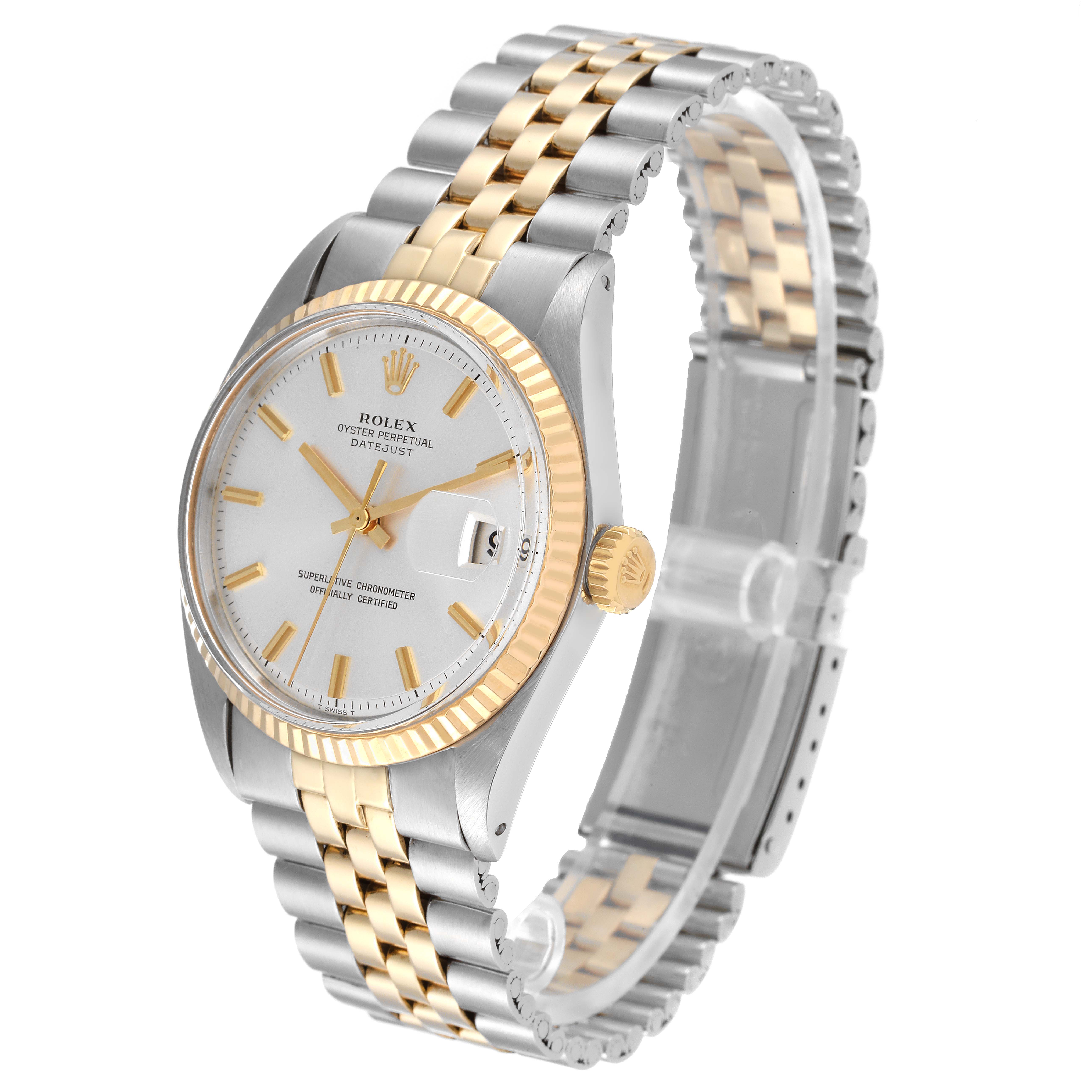 The Rolex Vintage Collection 1601 Men
s Steel and Gold (two tone) Silver Dial 1601 Men
s Steel and Gold (two tone) Silver Dial model is shown at an angled view, displaying its face, gold bezel, crown, and two-tone bracelet.