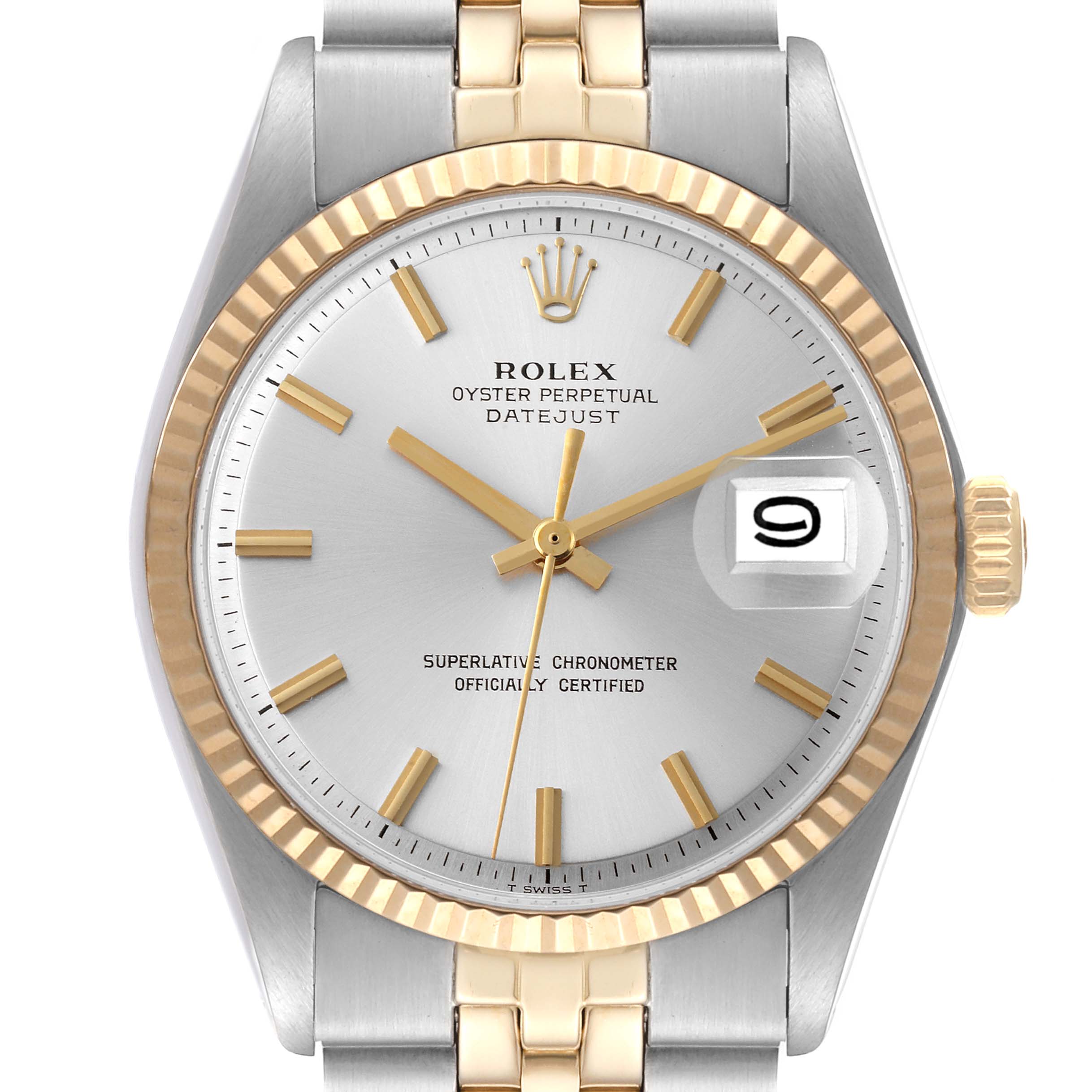 This image shows a frontal view of the Rolex Vintage Collection 1601 Men
s Steel and Gold (two tone) Silver Dial 1601 Men
s Steel and Gold (two tone) Silver Dial Oyster Perpetual Datejust watch, highlighting its face, bezel, and bracelet.