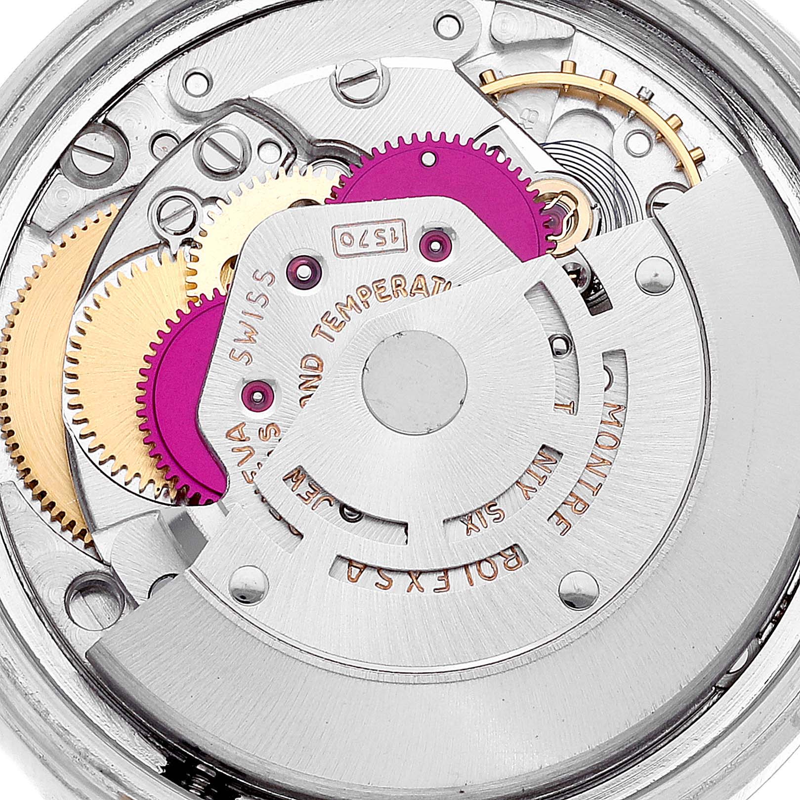 The image shows the inner mechanical movement of the Rolex Vintage Collection 1601 Men
s Steel and Gold (two tone) Silver Dial 1601 Men
s Steel and Gold (two tone) Silver Dial watch from a top-down angle, highlighting gears and components.