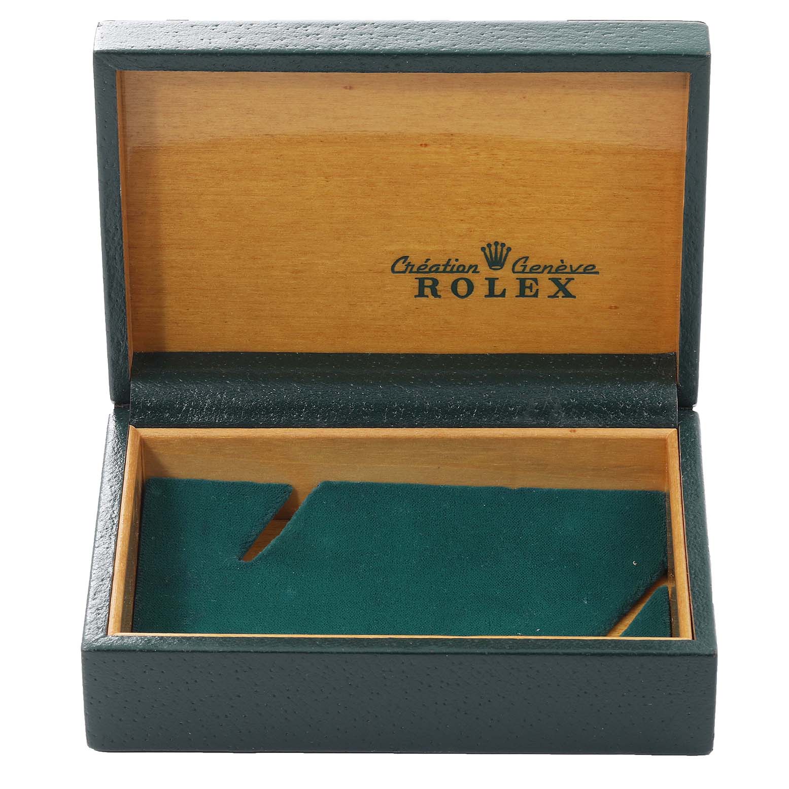 This image shows an empty Rolex watch box from the Vintage Collection, with its lid open, displaying the brand
s logo inside.