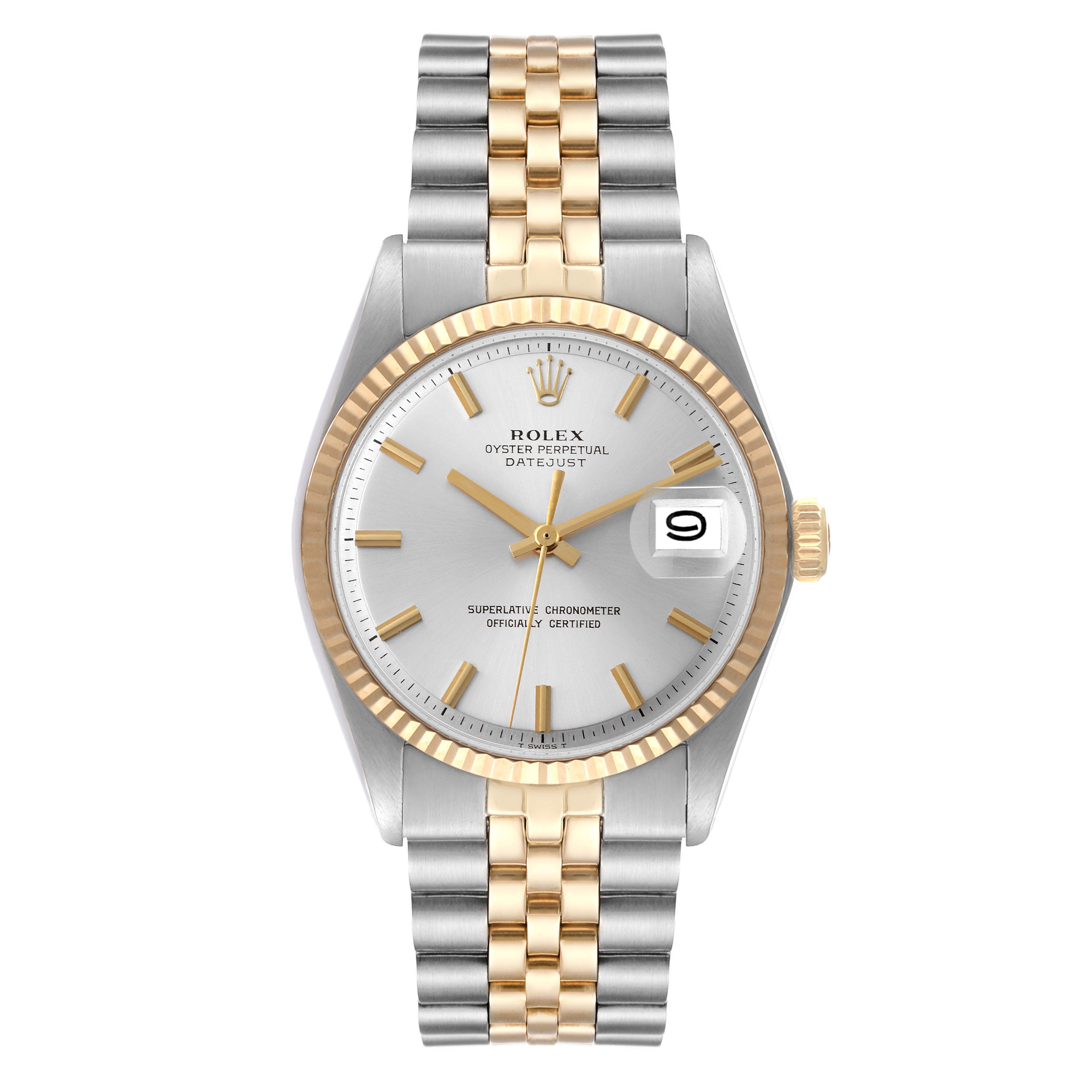 This image shows a frontal view of a Rolex Vintage Collection 1601 Men
s Steel and Gold (two tone) Silver Dial 1601 Men
s Steel and Gold (two tone) Silver Dial Oyster Perpetual Datejust watch with a two-tone bracelet and date display.