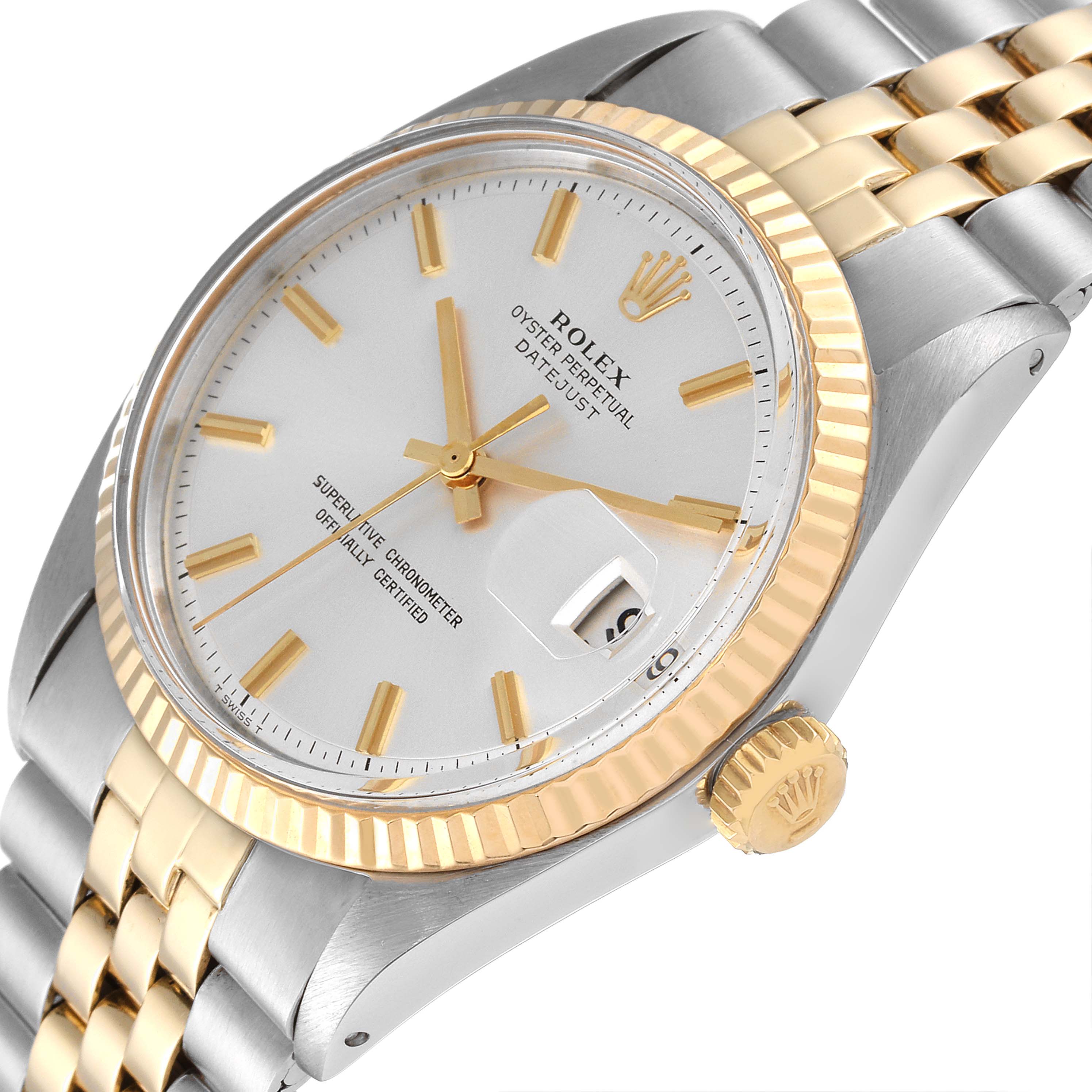 The image shows a side-angle view of the Rolex Vintage Collection 1601 Men
s Steel and Gold (two tone) Silver Dial 1601 Men
s Steel and Gold (two tone) Silver Dial Datejust watch, displaying its face, bezel, and part of the bracelet.