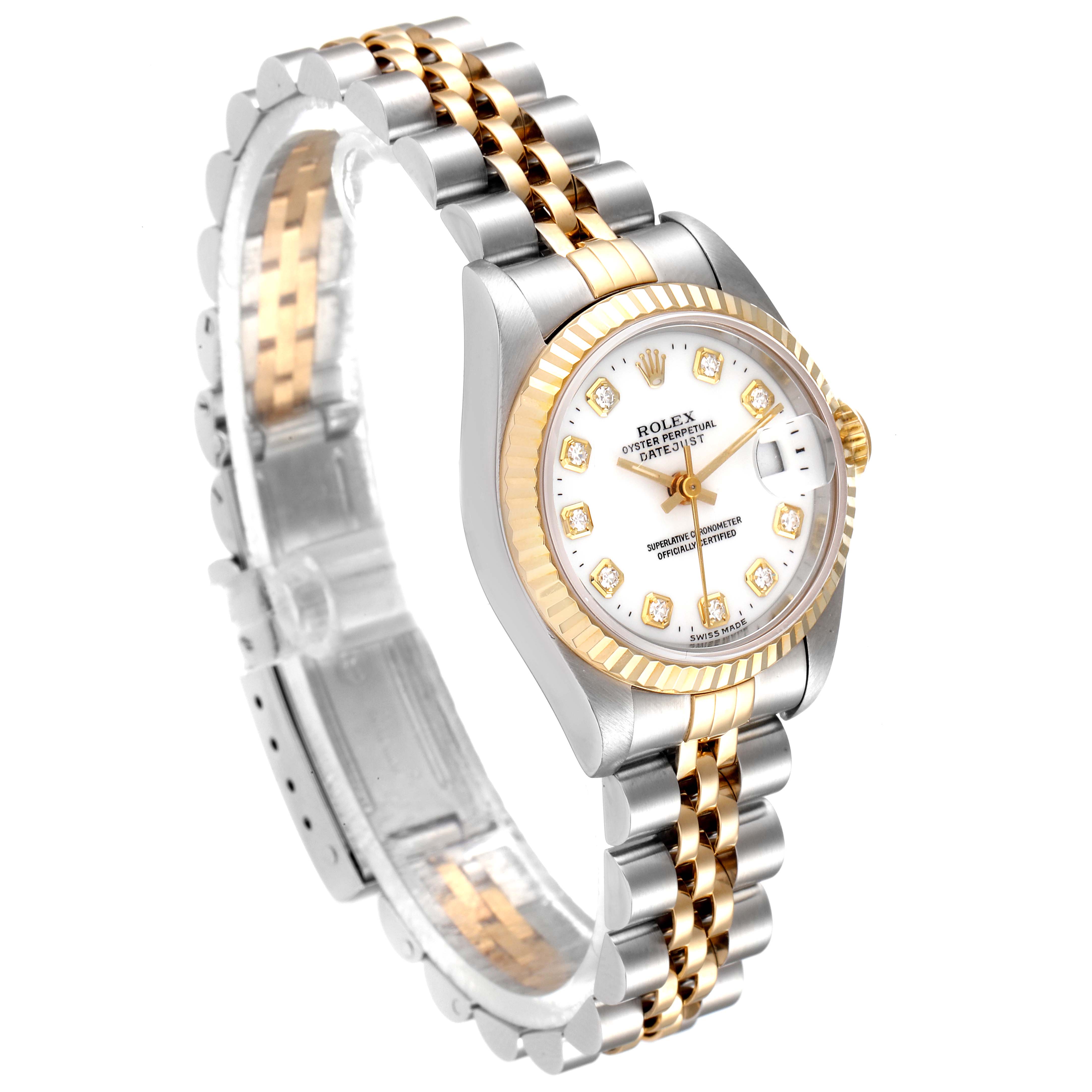 The image shows a Rolex Datejust 69173 Women's Steel and Gold (two tone) White Dial 69173 Women's Steel and Gold (two tone) White Dial watch from a three-quarter front angle, highlighting its two-tone metal bracelet and diamond-set dial.