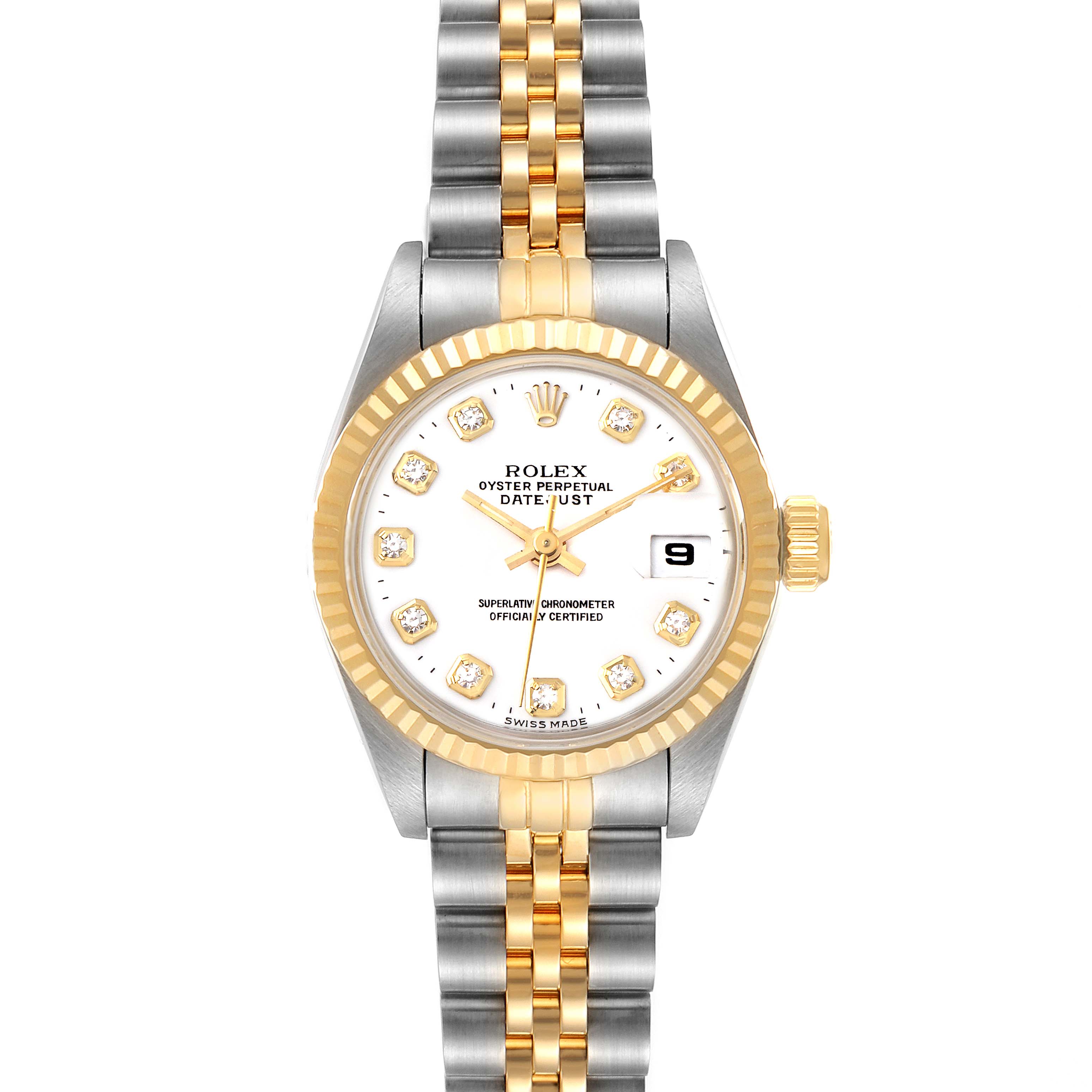 The image shows a Rolex Datejust 69173 Women's Steel and Gold (two tone) White Dial 69173 Women's Steel and Gold (two tone) White Dial watch from a top view, highlighting the dial, bezel, crown, and bracelet.