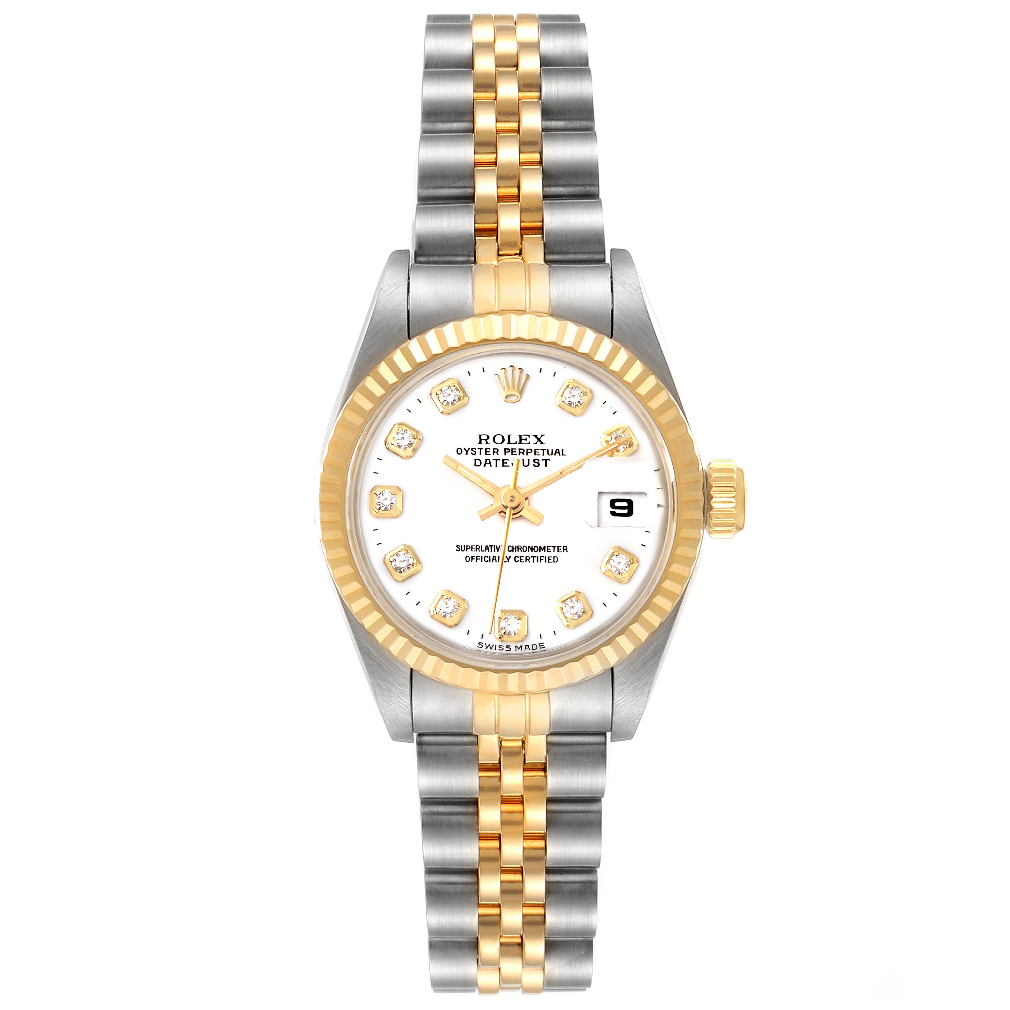 The image shows a Rolex Datejust 69173 Women's Steel and Gold (two tone) White Dial 69173 Women's Steel and Gold (two tone) White Dial watch from a top-down angle, displaying its dial, fluted bezel, and two-tone bracelet.