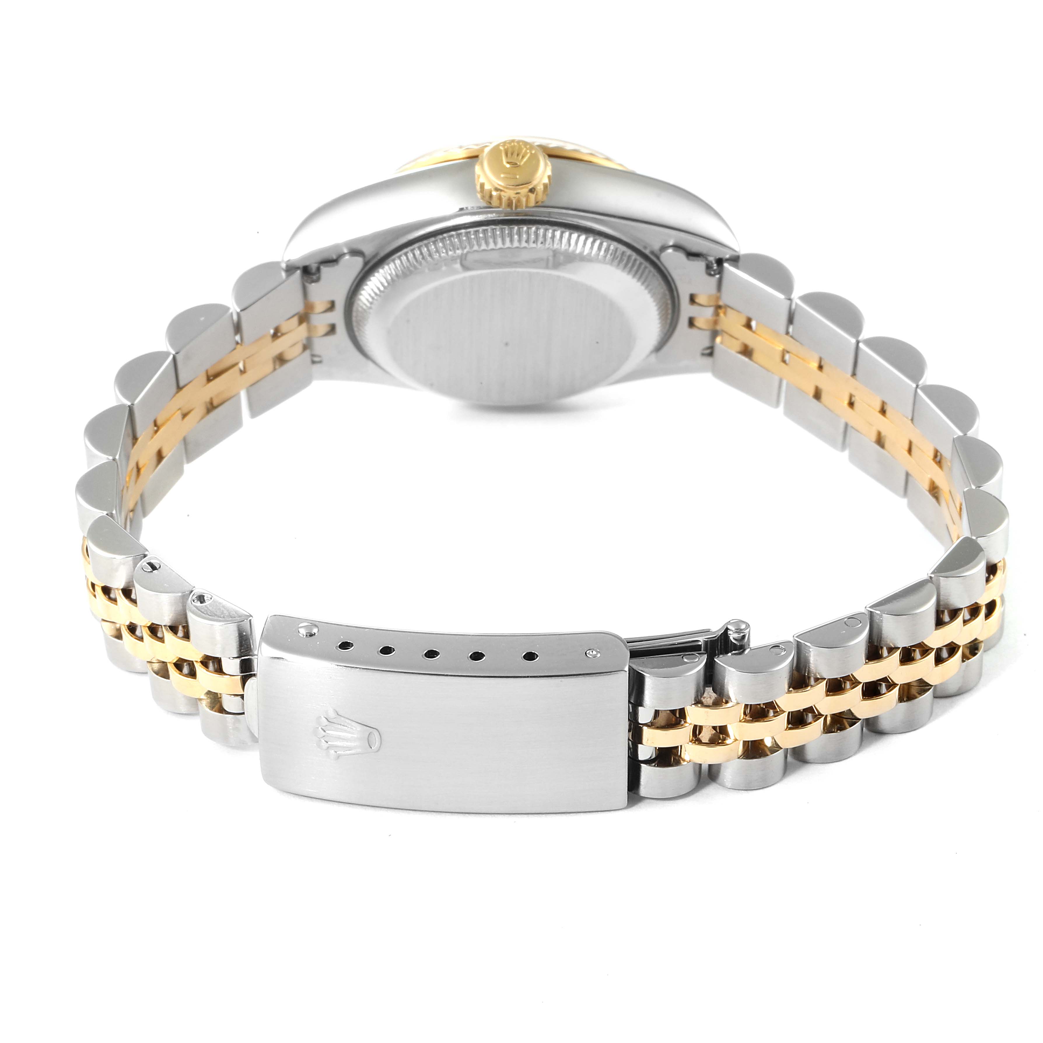 The image shows the back and clasp of a Rolex Datejust 69173 Women's Steel and Gold (two tone) White Dial 69173 Women's Steel and Gold (two tone) White Dial watch, highlighting its two-tone metal bracelet.