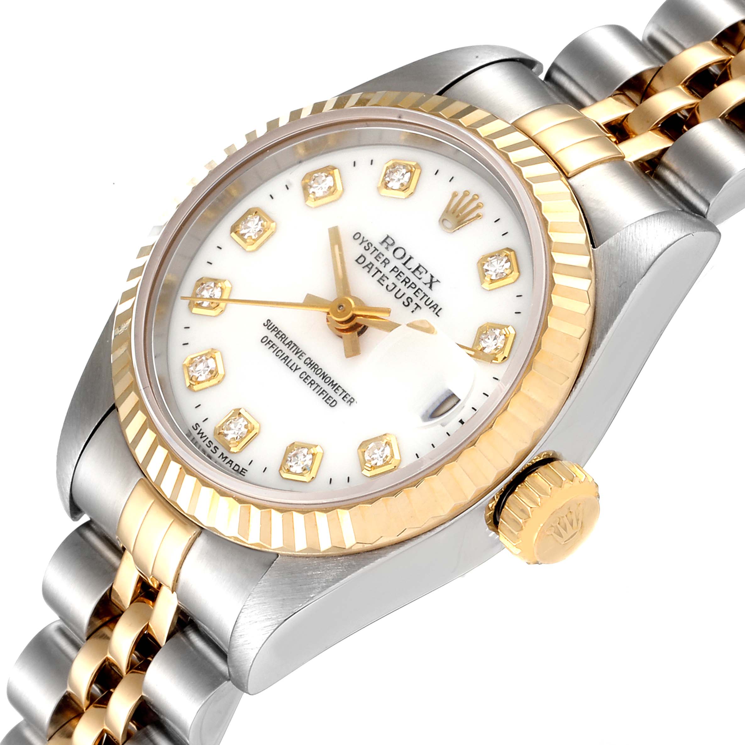 The image shows a side angle of the Rolex Datejust 69173 Women's Steel and Gold (two tone) White Dial 69173 Women's Steel and Gold (two tone) White Dial watch, highlighting the dial, bezel, crown, and part of the bracelet.
