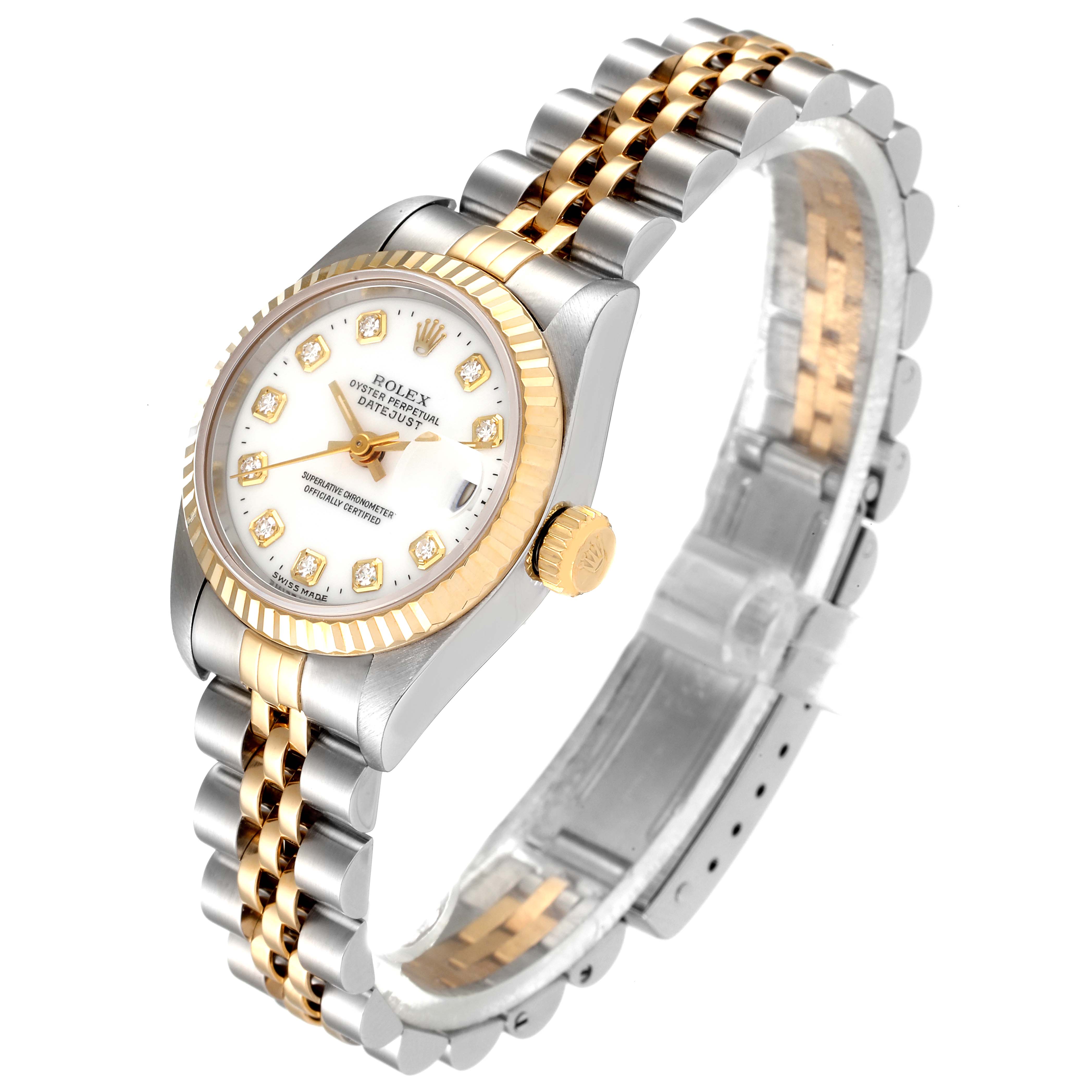 The image shows a side-angle view of a Rolex Datejust 69173 Women's Steel and Gold (two tone) White Dial 69173 Women's Steel and Gold (two tone) White Dial watch, displaying its face and two-tone bracelet.