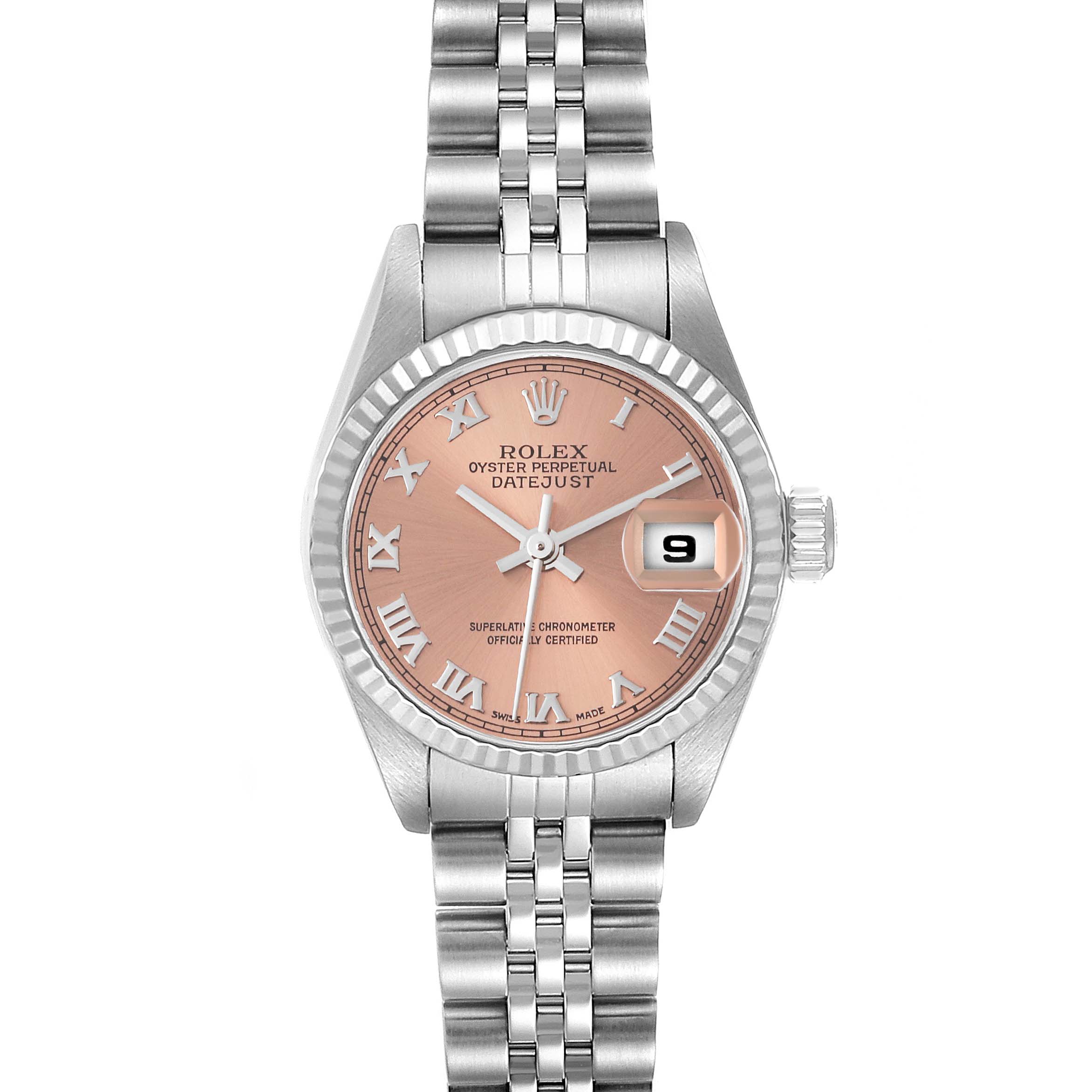 This image shows a Rolex Datejust 79174 Women's Stainless Steel Pink Dial 79174 Women's Stainless Steel Pink Dial watch from the front, featuring a pink dial, roman numeral markers, and a date display.