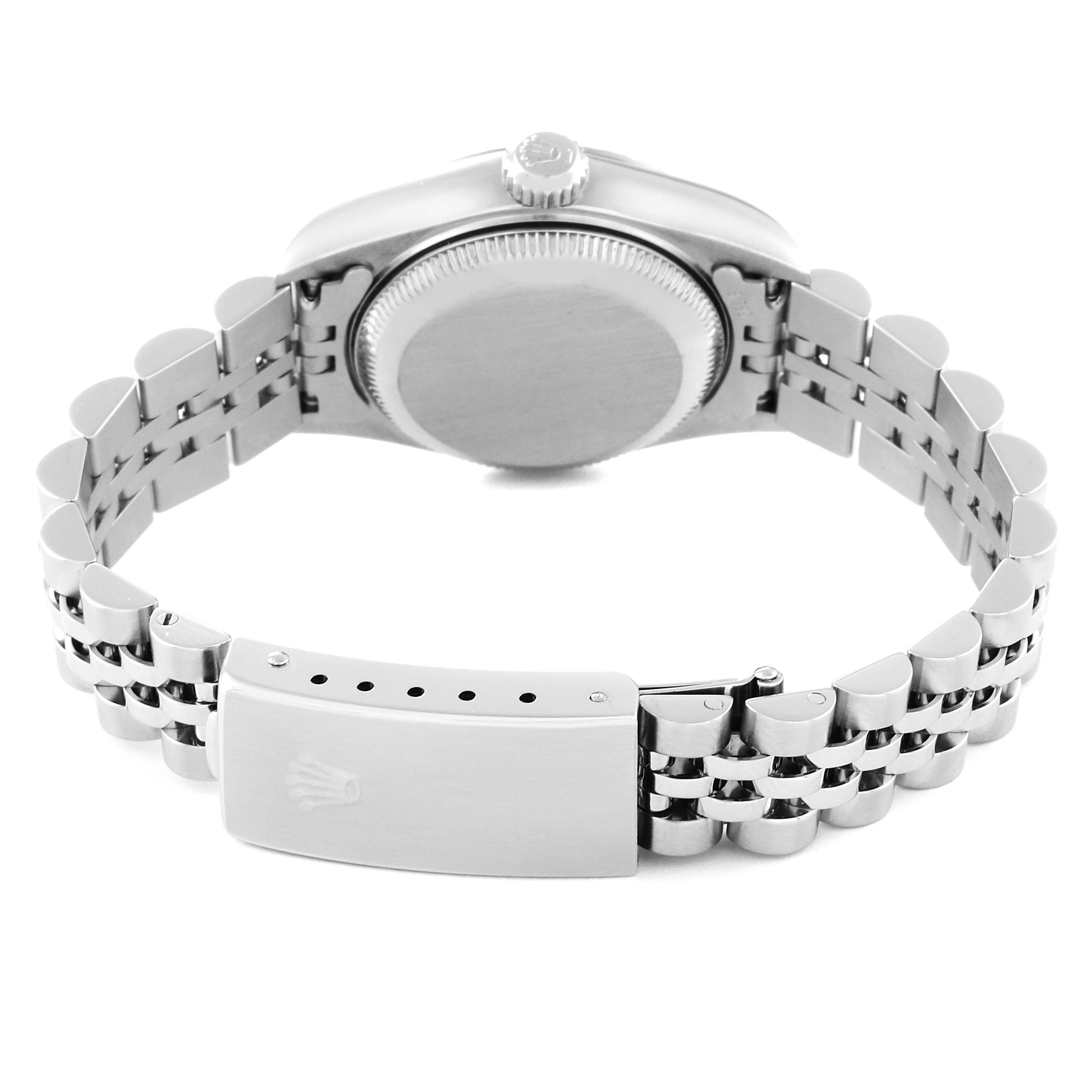 This image shows the back case and bracelet clasp of a Rolex Datejust 79174 Women's Stainless Steel Pink Dial 79174 Women's Stainless Steel Pink Dial watch, including its links and branding.