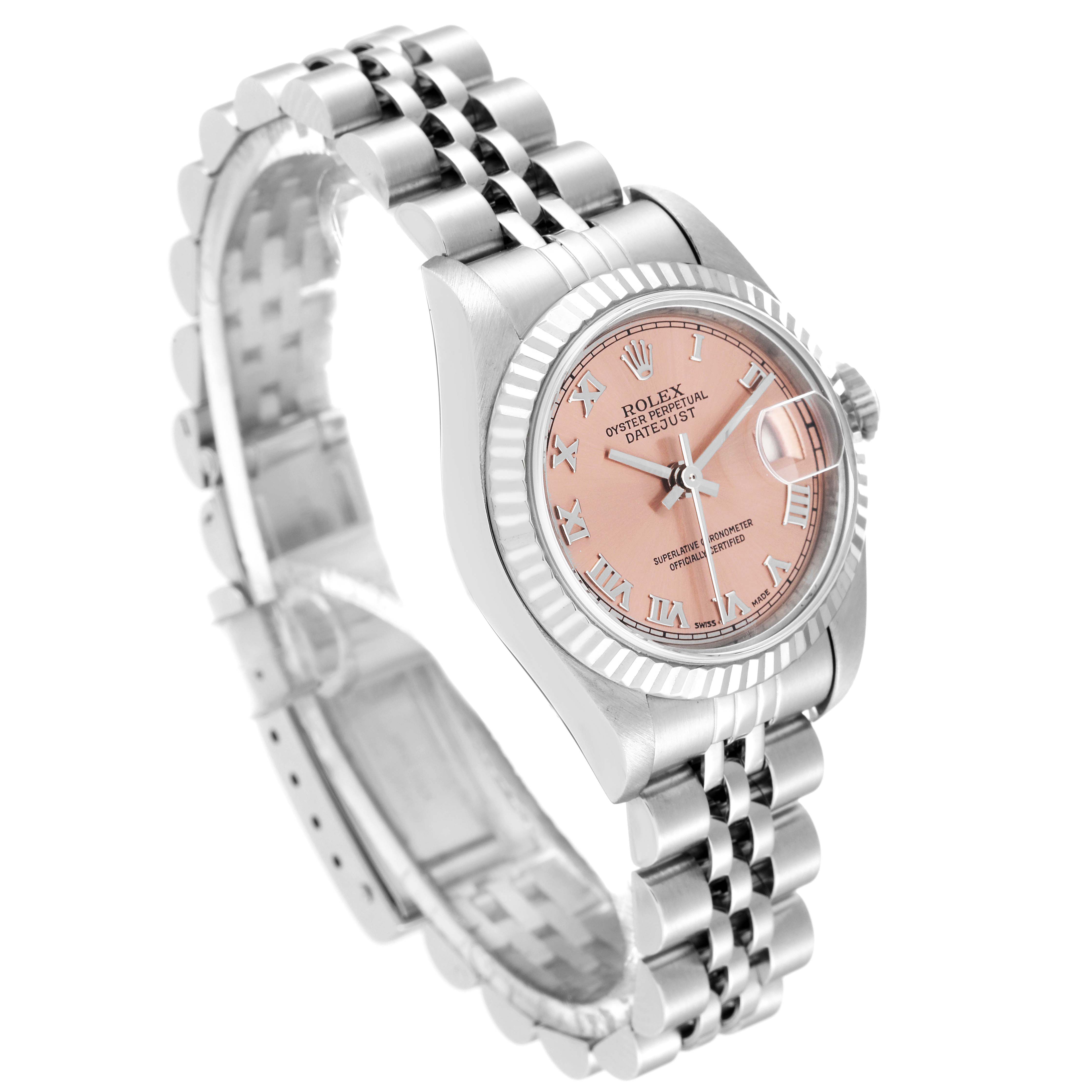 This image shows a Rolex Datejust 79174 Women's Stainless Steel Pink Dial 79174 Women's Stainless Steel Pink Dial watch at an oblique angle, highlighting its jubilee bracelet, pink dial, and fluted bezel.