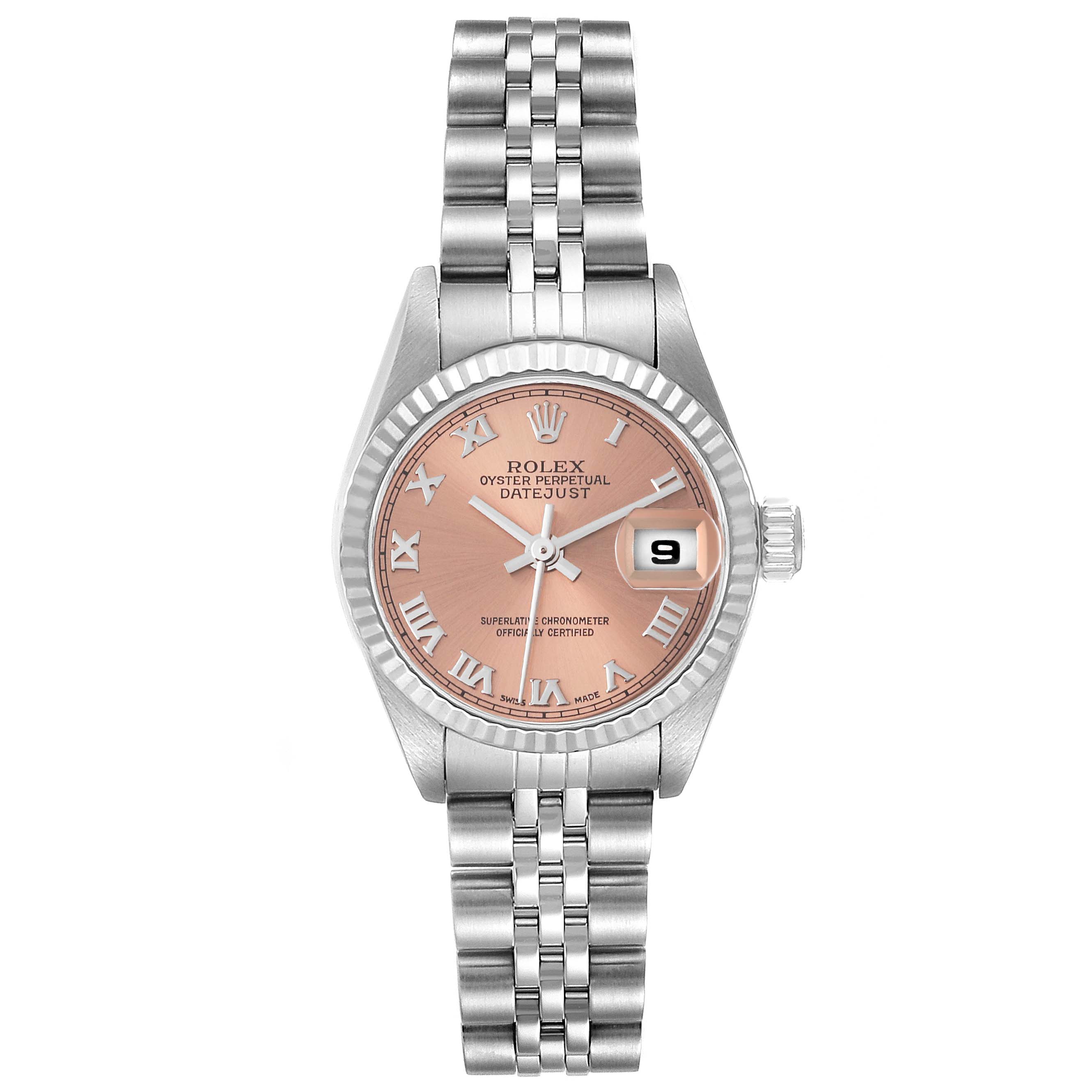This image shows a front view of a Rolex Datejust 79174 Women's Stainless Steel Pink Dial 79174 Women's Stainless Steel Pink Dial watch featuring a pink dial, Roman numerals, and a Jubilee bracelet.