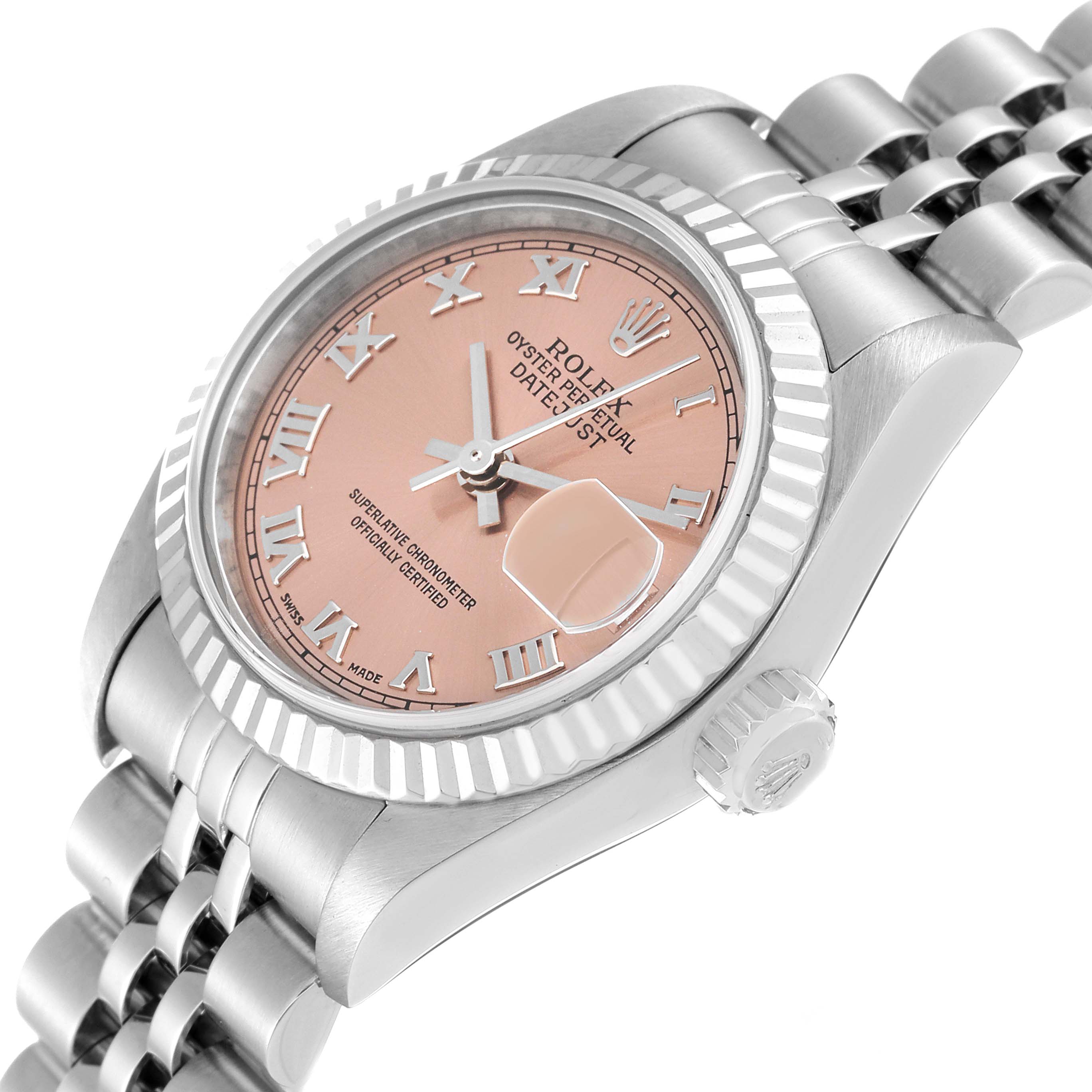 This image shows a Rolex Datejust 79174 Women's Stainless Steel Pink Dial 79174 Women's Stainless Steel Pink Dial watch from an angled side perspective, highlighting the face, bezel, and bracelet.