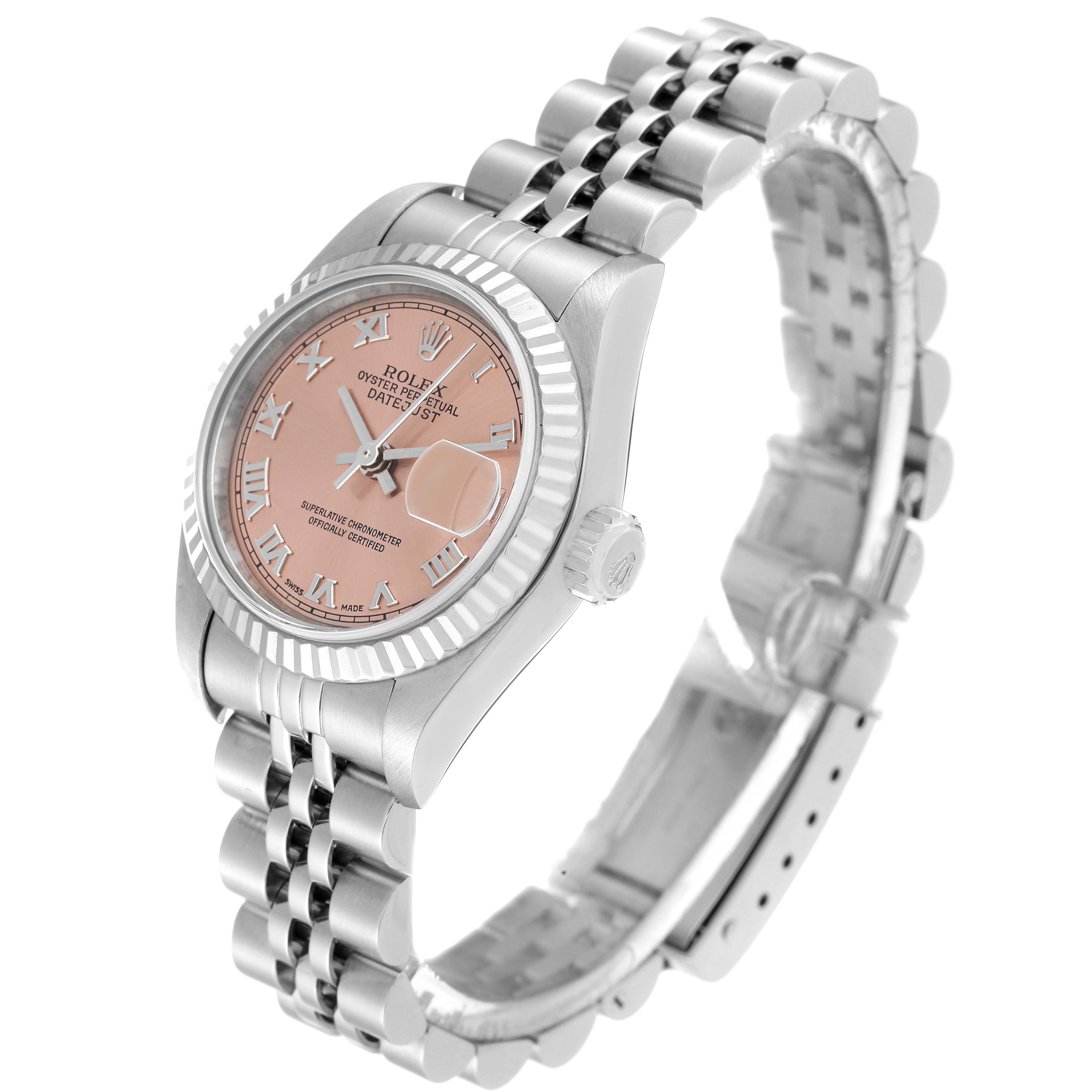 This image shows the Rolex Datejust 79174 Women's Stainless Steel Pink Dial 79174 Women's Stainless Steel Pink Dial watch at a three-quarter angle, highlighting the bezel, crown, dial, and bracelet.