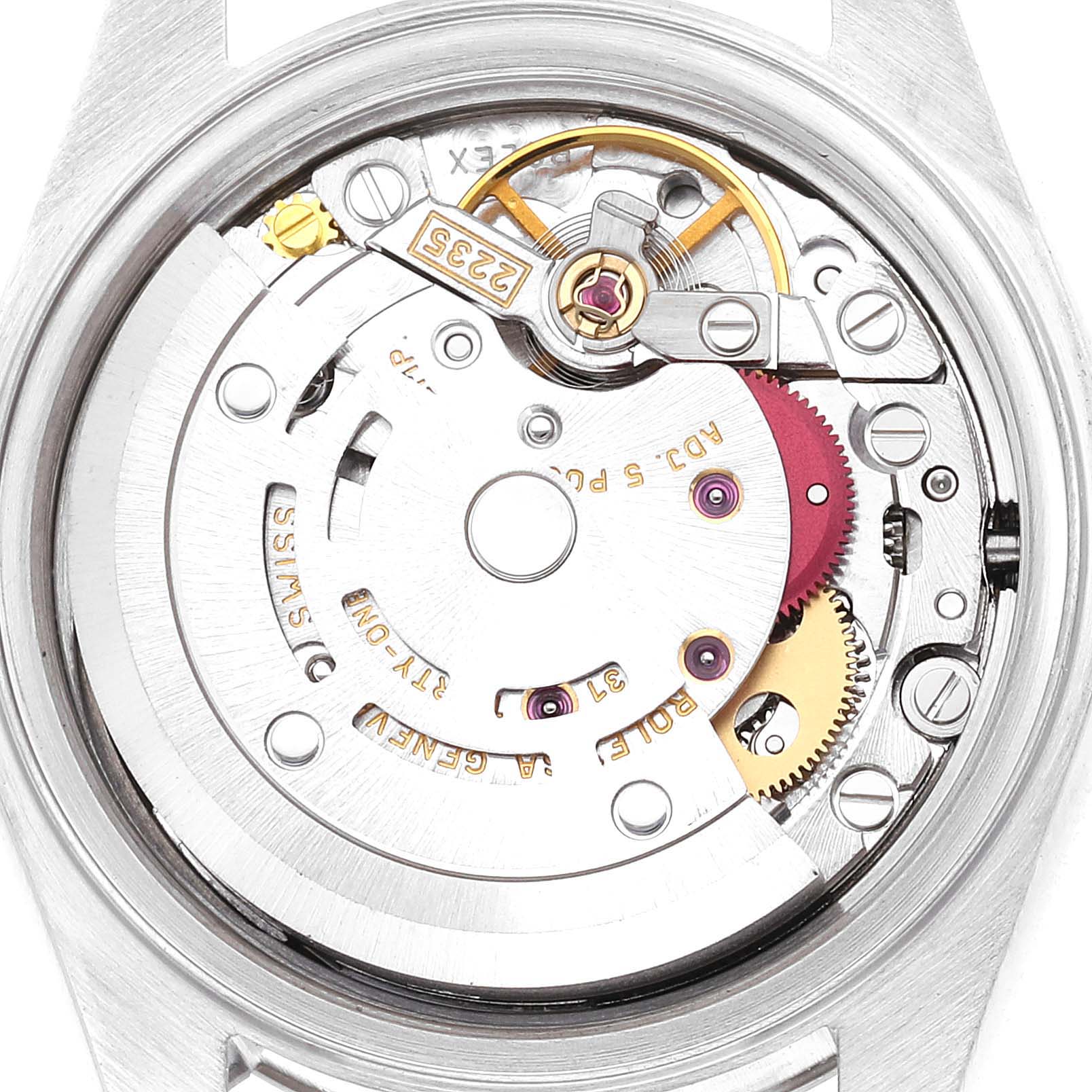 This image shows the inner mechanical movement of a Rolex Datejust 79174 Women's Stainless Steel Pink Dial 79174 Women's Stainless Steel Pink Dial watch viewed from the back.