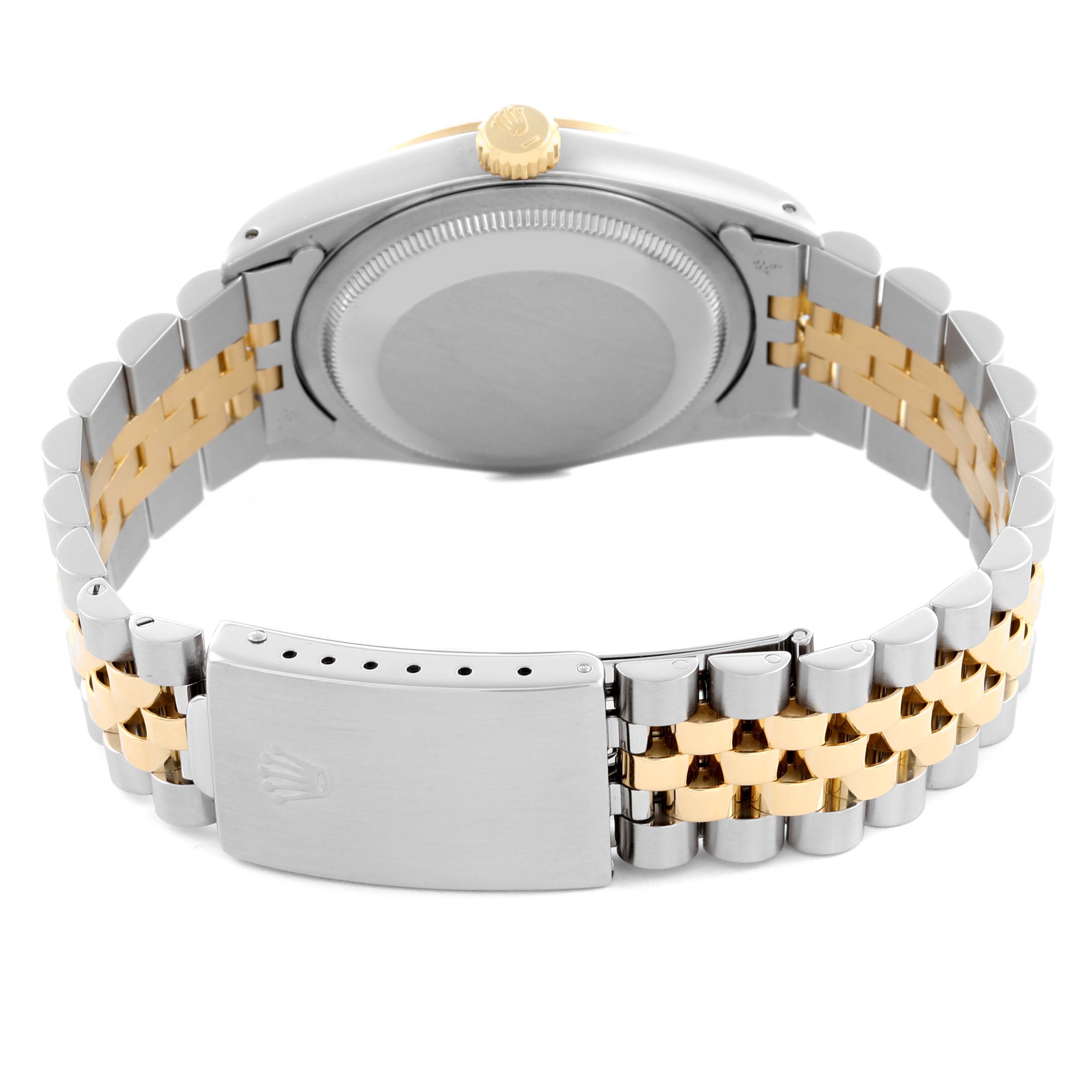 The image shows the back and clasp of a Rolex Datejust 16233 Men's Steel and Gold (two tone) White Dial 16233 Men's Steel and Gold (two tone) White Dial, highlighting the two-tone bracelet and crown.