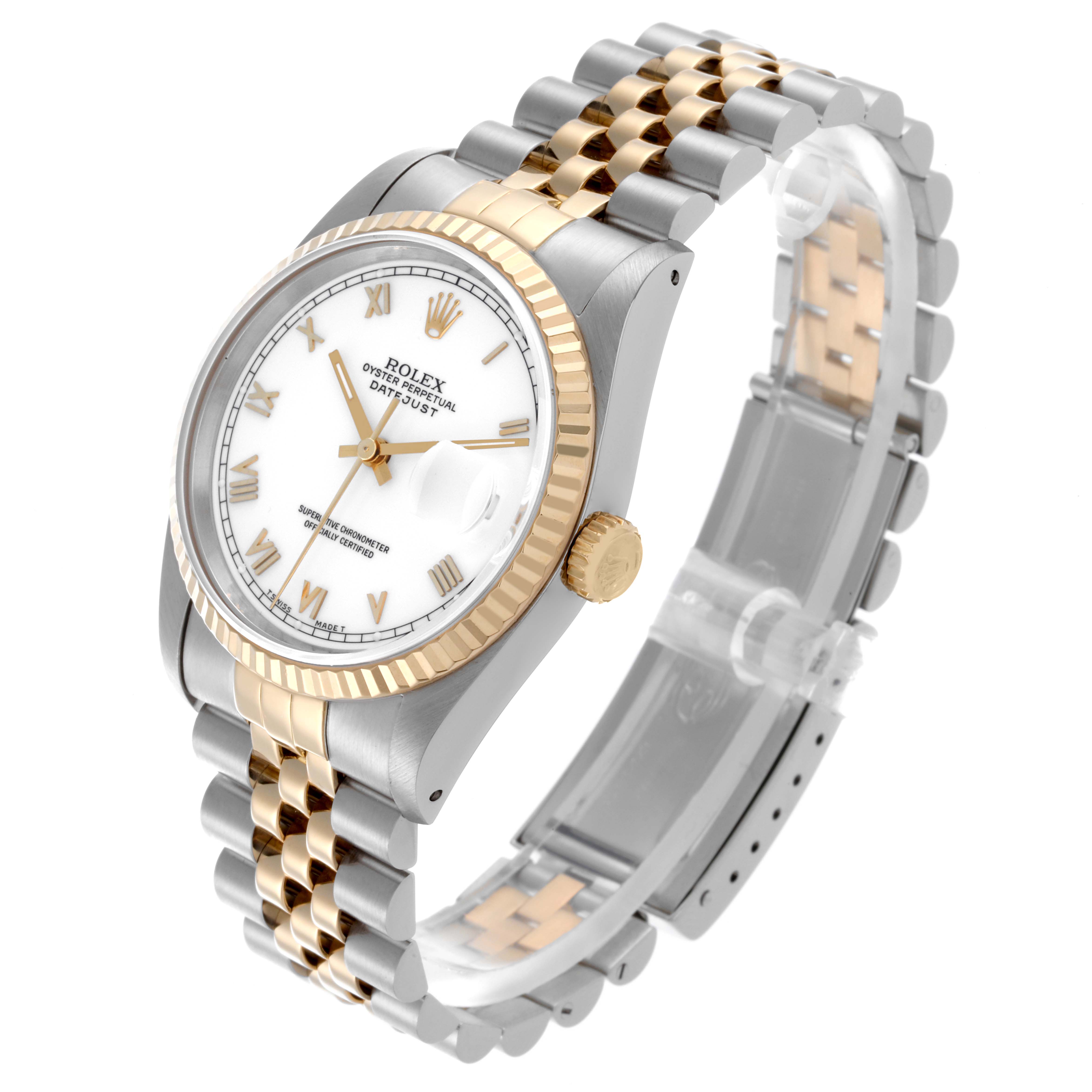 The Rolex Datejust 16233 Men's Steel and Gold (two tone) White Dial 16233 Men's Steel and Gold (two tone) White Dial watch is shown at a three-quarter angle, displaying the face, bezel, crown, and part of the bracelet.