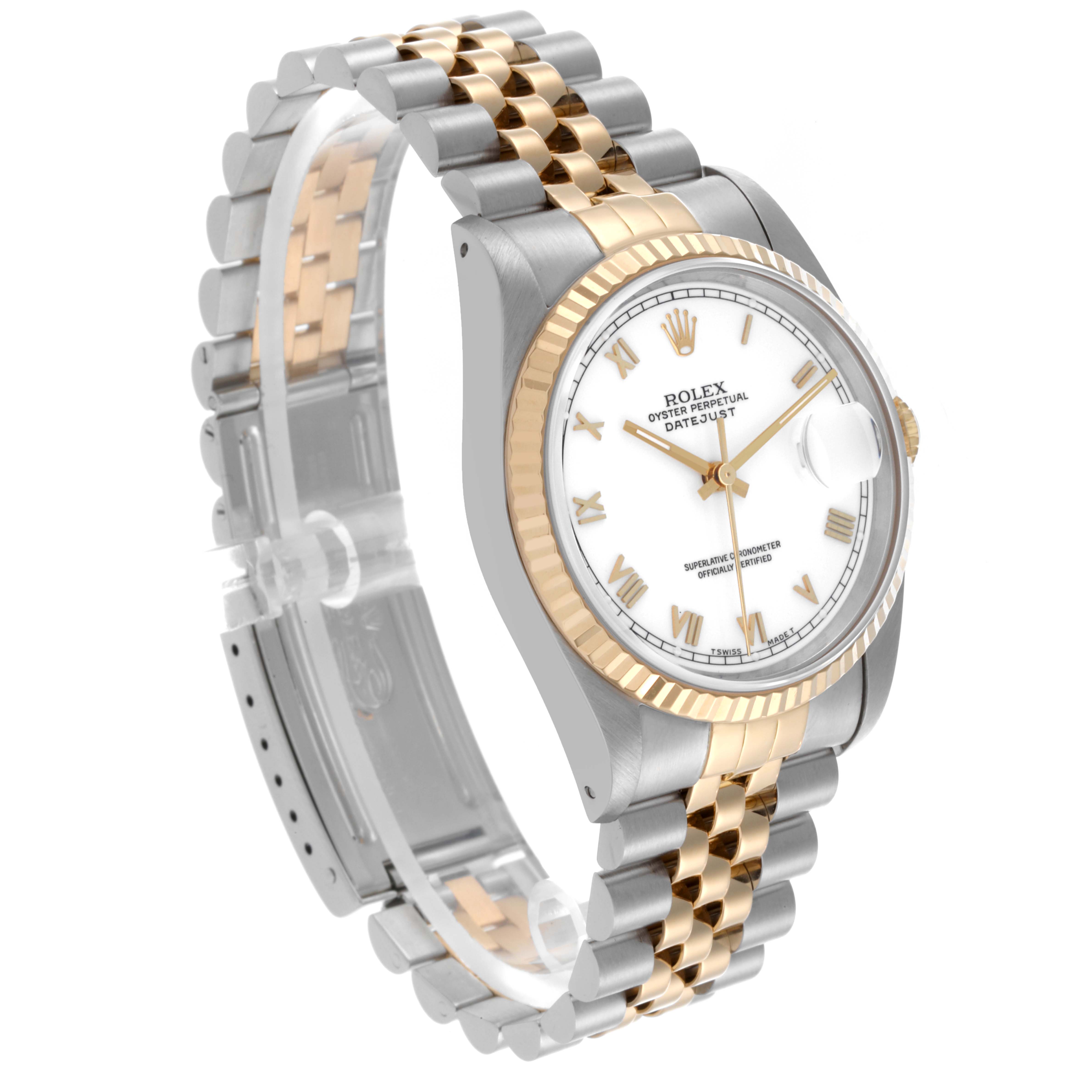The Rolex Datejust 16233 Men's Steel and Gold (two tone) White Dial 16233 Men's Steel and Gold (two tone) White Dial watch is shown at a side angle, displaying the face, bezel, and Jubilee bracelet.