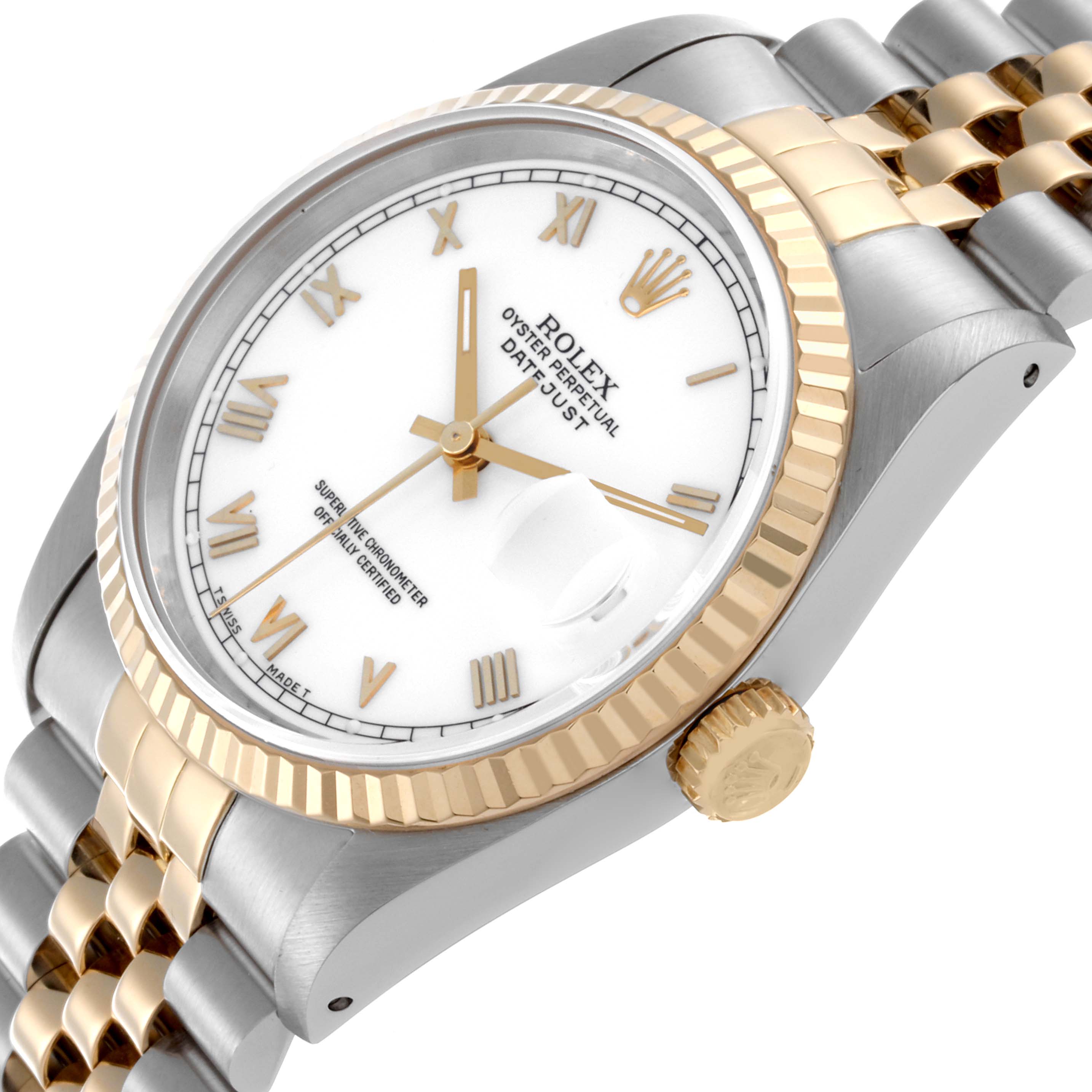 The Rolex Datejust 16233 Men's Steel and Gold (two tone) White Dial 16233 Men's Steel and Gold (two tone) White Dial watch is shown at an angled view, highlighting the dial, fluted bezel, crown, and two-tone bracelet.