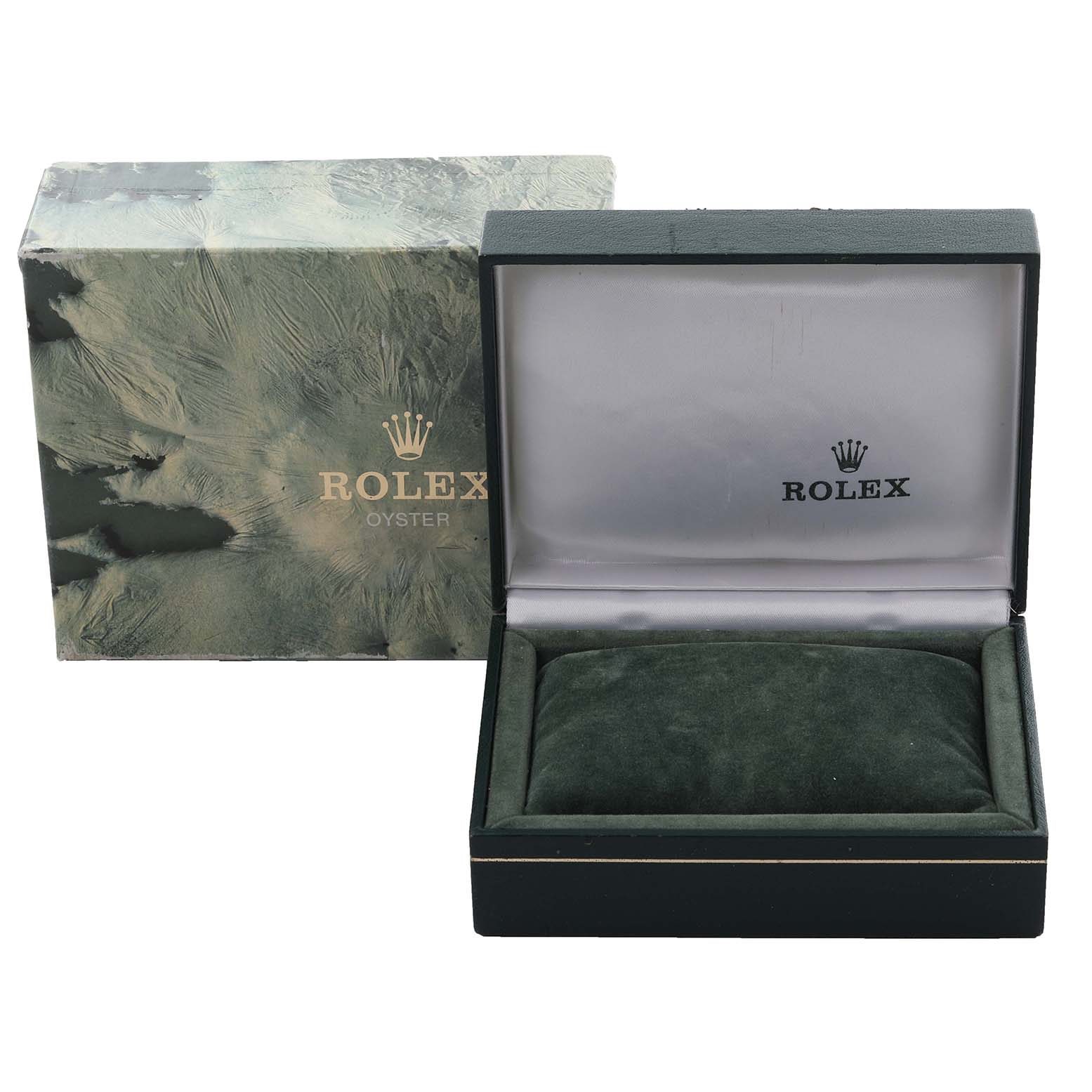 The image shows an open Rolex Datejust 16233 Men's Steel and Gold (two tone) White Dial 16233 Men's Steel and Gold (two tone) White Dial watch box and its outer packaging at a front angle.