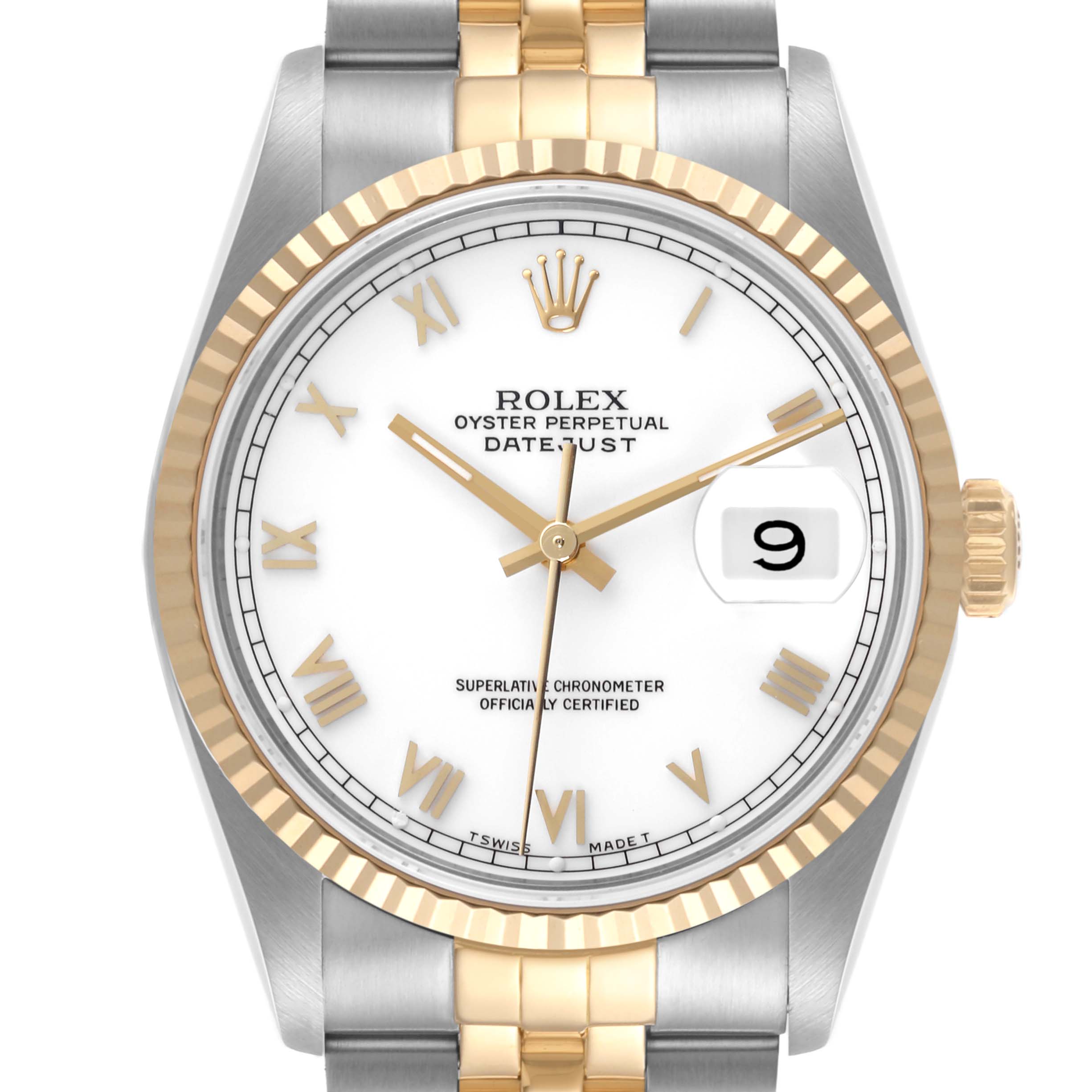 The image shows a frontal view of a Rolex Datejust 16233 Men's Steel and Gold (two tone) White Dial 16233 Men's Steel and Gold (two tone) White Dial watch featuring the dial, bezel, and part of the bracelet.