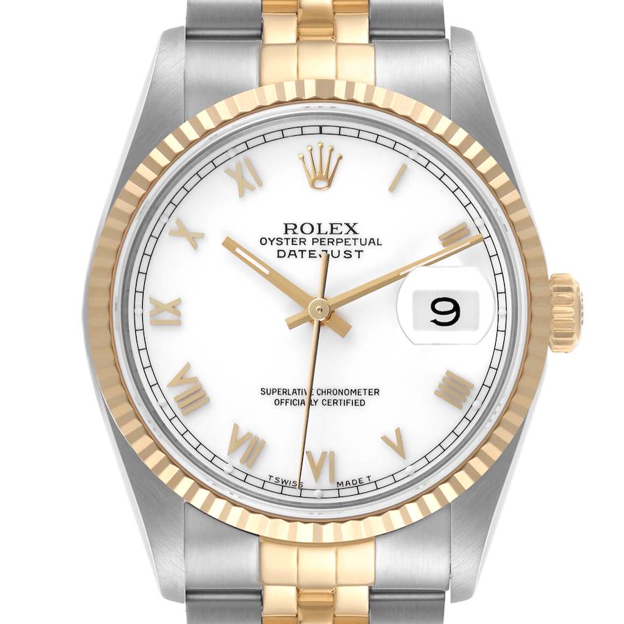 The image shows a frontal view of a Rolex Datejust watch featuring the dial, bezel, and part of the bracelet.